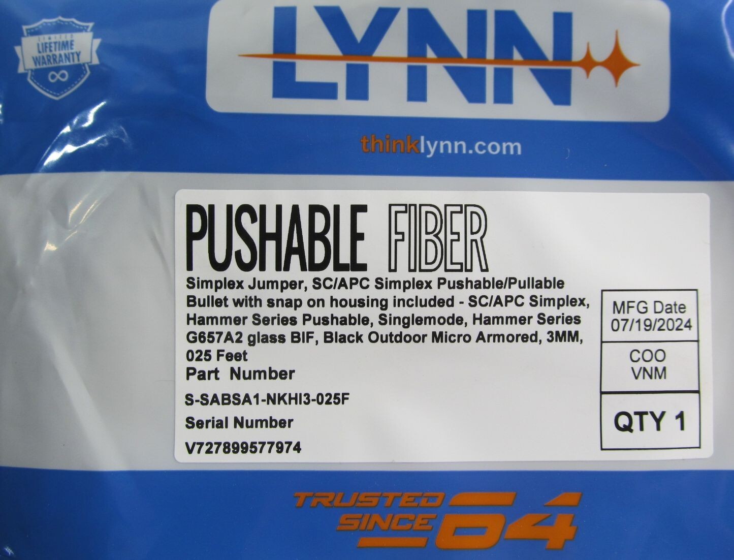 LYNN S-SABSA1-NKHI3-025F PUSHABLE BULLET FIBER CABLE SIMPLEX JUMPER SC/APC 25ft