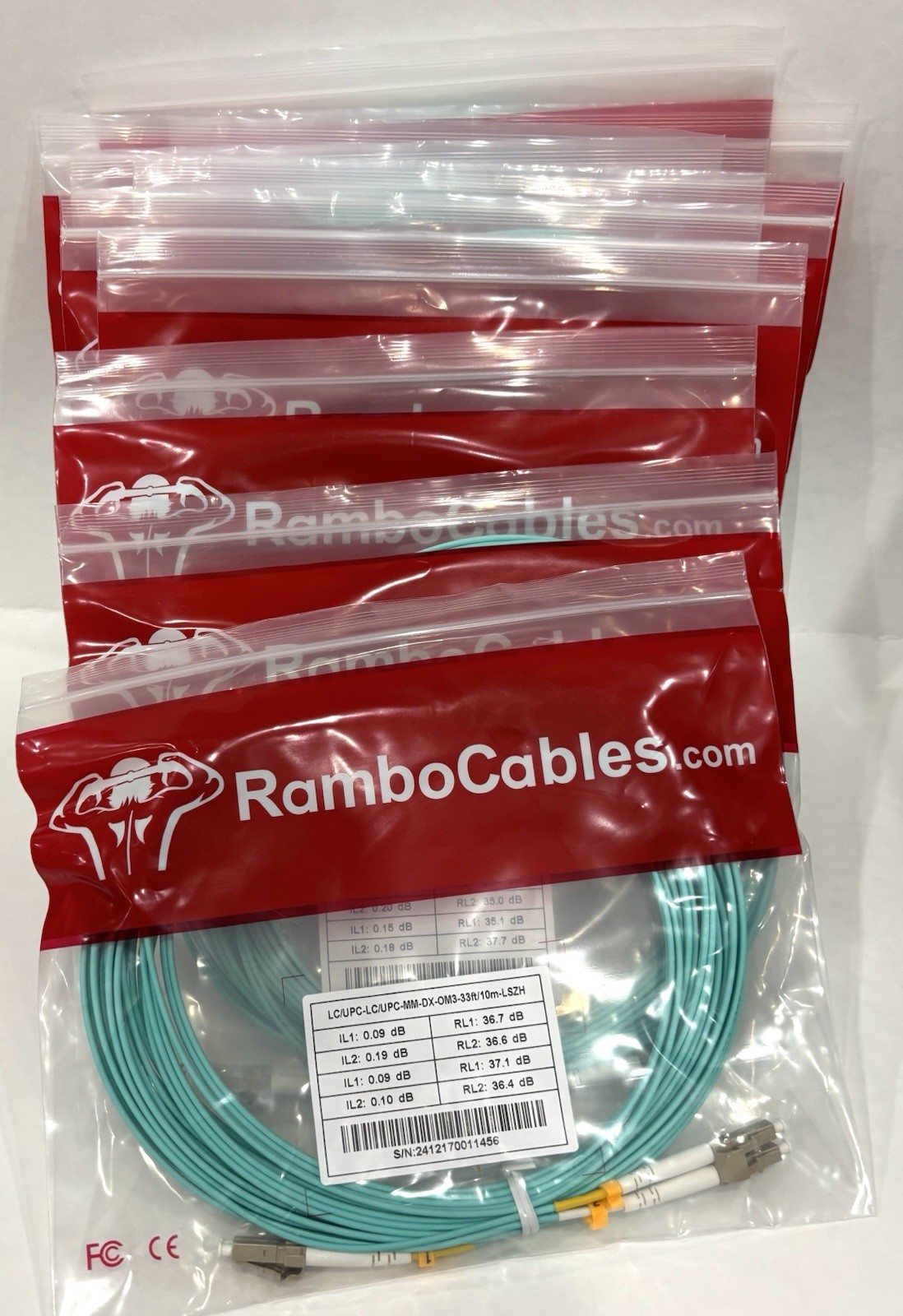 Lot of 10 RamboCables LC/UPC Duplex OM3 Multimode Fiber Cable 33ft 10m LSZH New