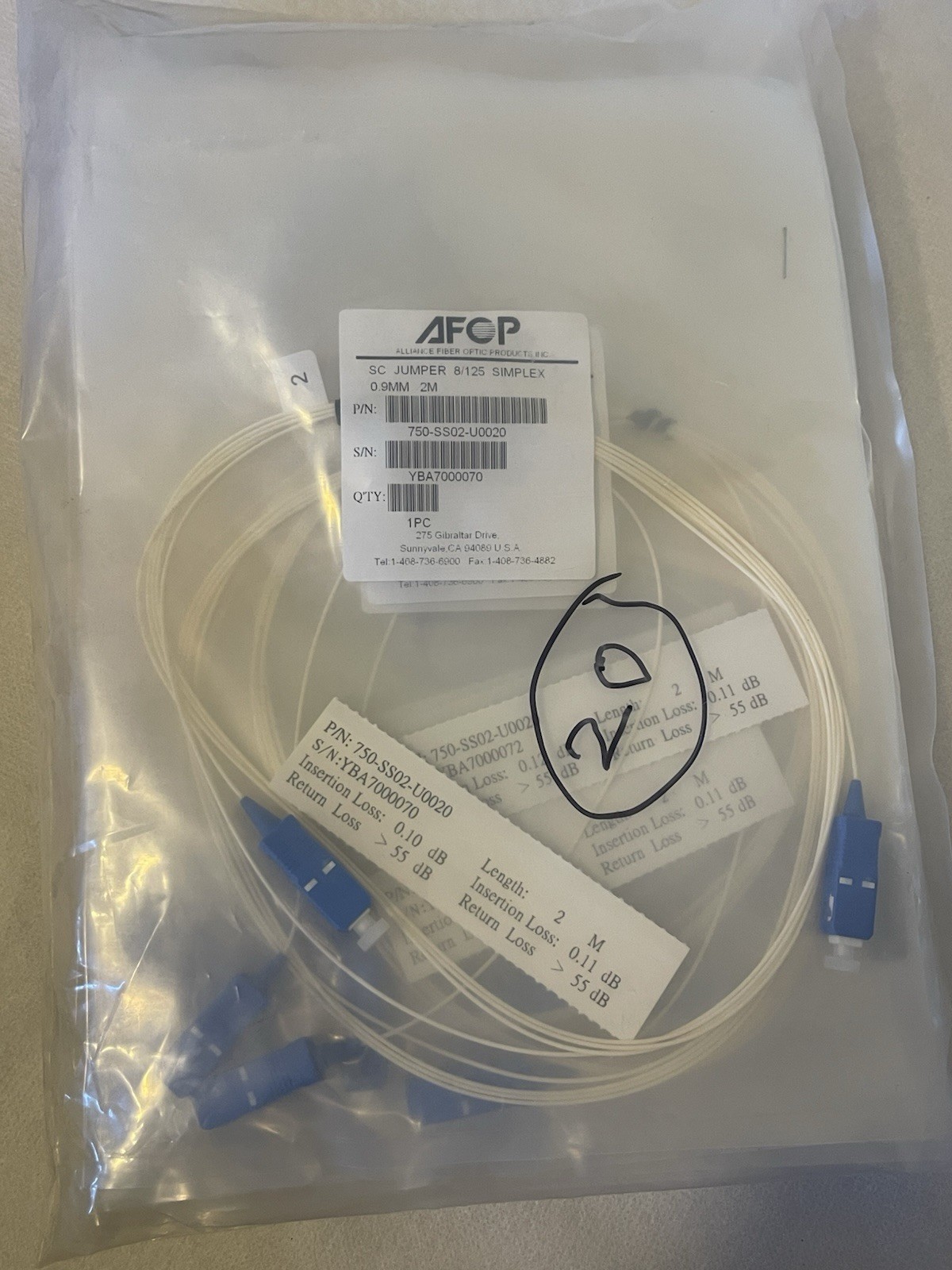AFOP SC/UPC Simplex Single Mode Fiber Jumper Cable 2M 0.9mm Lot of 20 Pcs