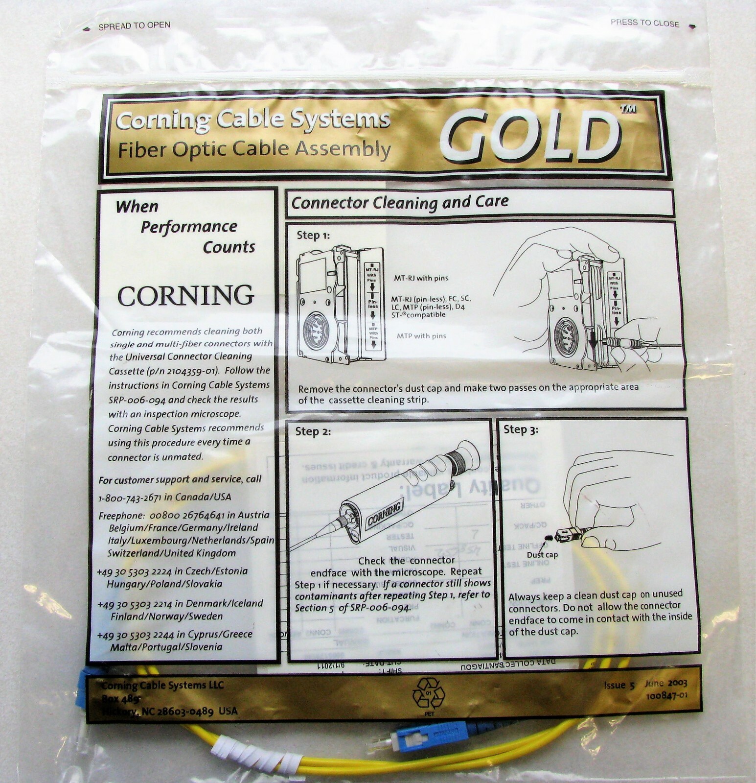 Corning Gold 586101R3131001M Fiber Optic Cable SC to ST, Simplex, SM OS2 Yellow
