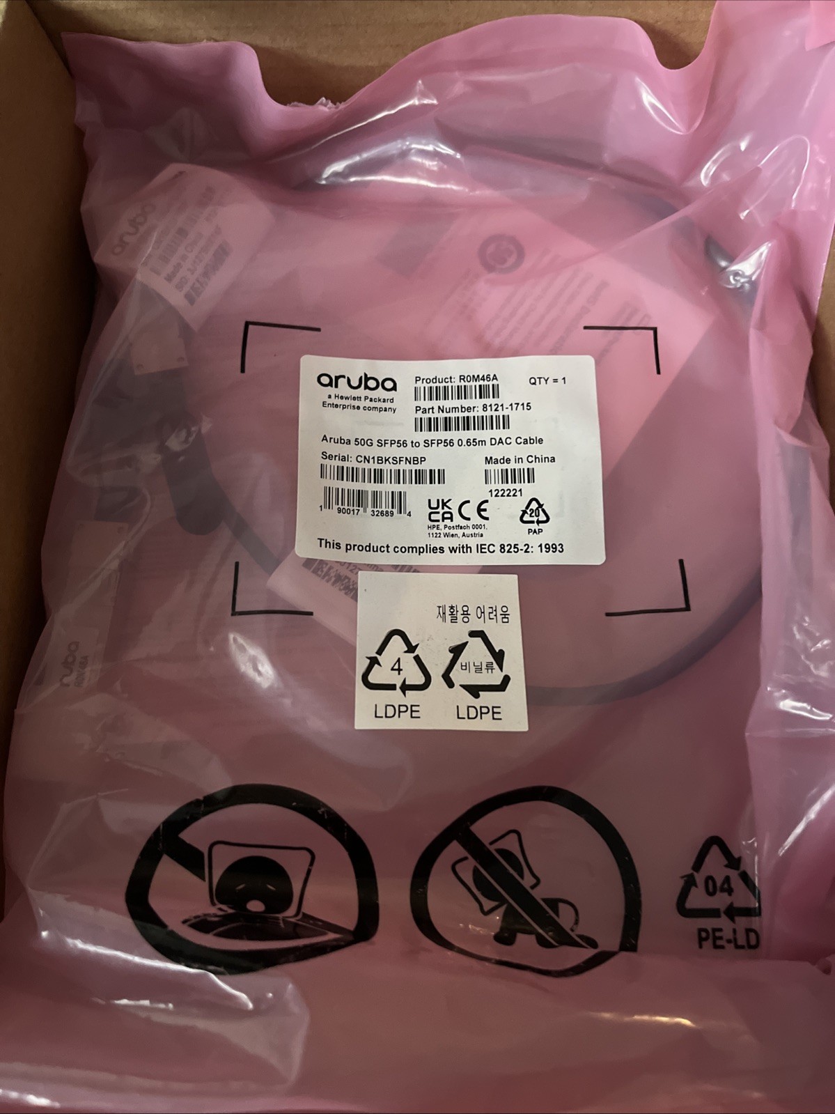 (New) ROM46A Aruba 50G SFP56 To SFP56 0.65M DAC Cable