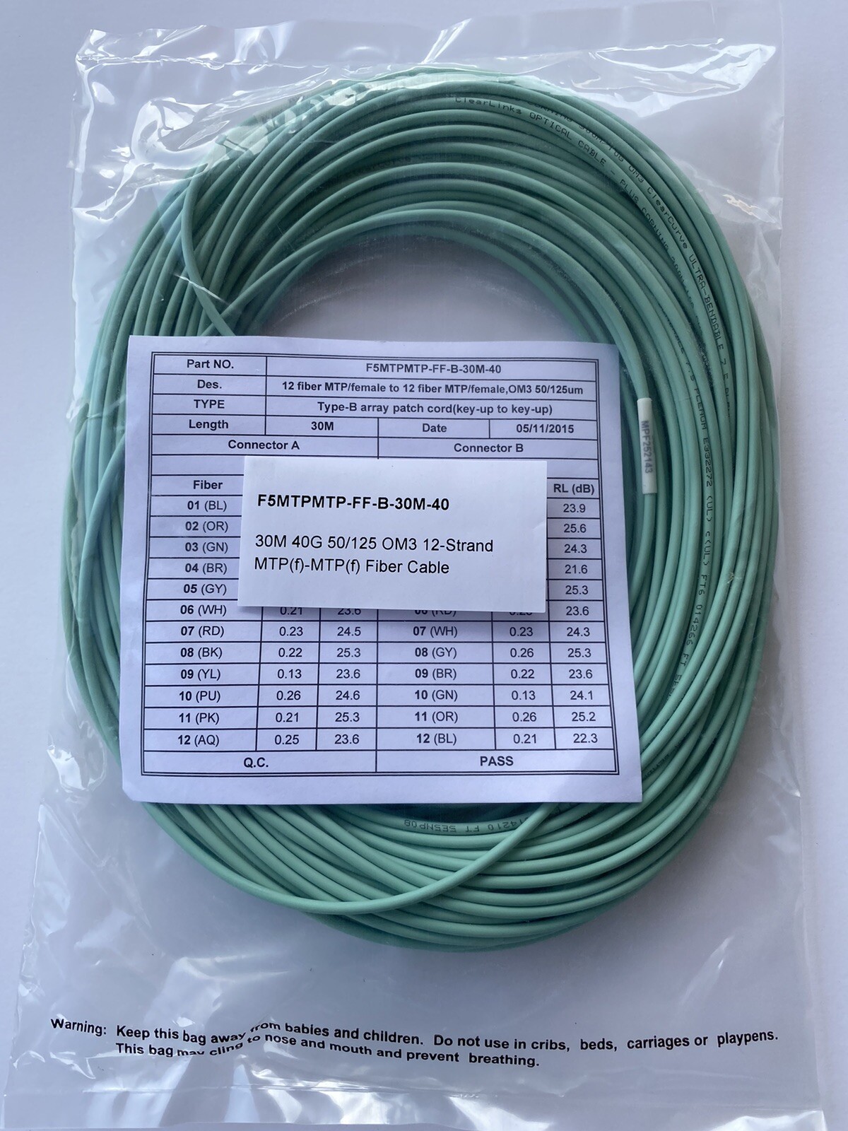 30M MPO-MPO 40 Gb 50/125 OM3 Fiber Cable 12 Strand Type B