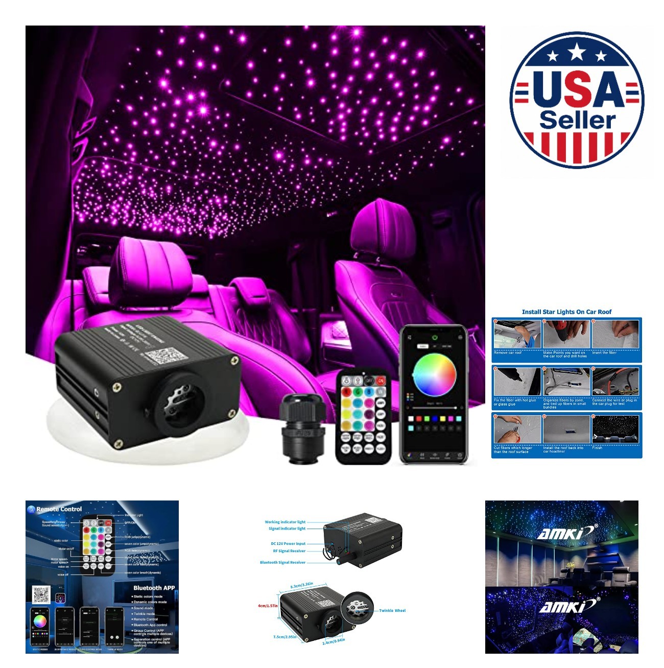 Fiber Optic Starlight Kit 16W 600pcs 9.8ft Sound Activated Bluetooth APP Car