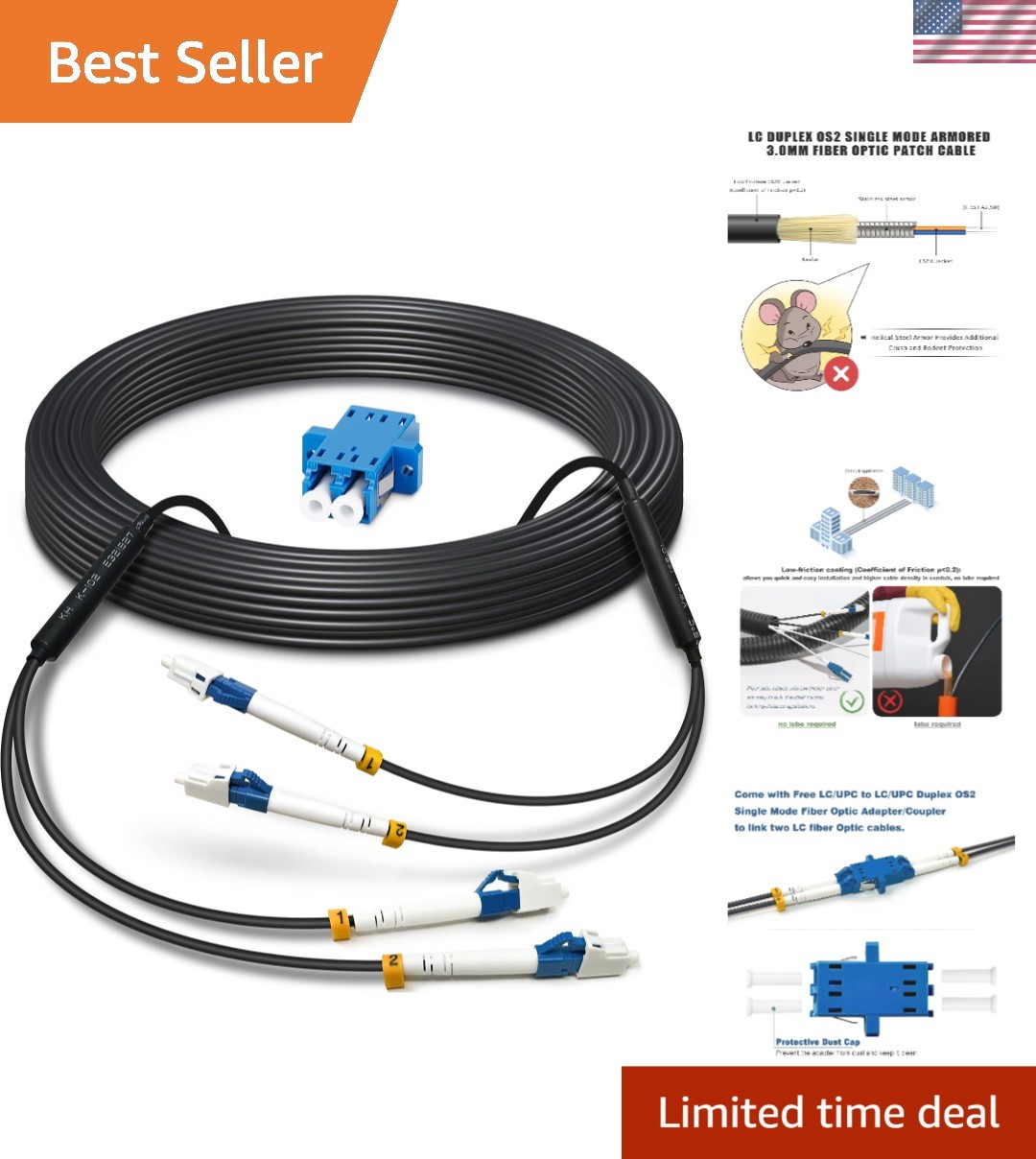100ft Armored LC to LC Outdoor Fiber Optic Cable – High-Speed & Weatherproof