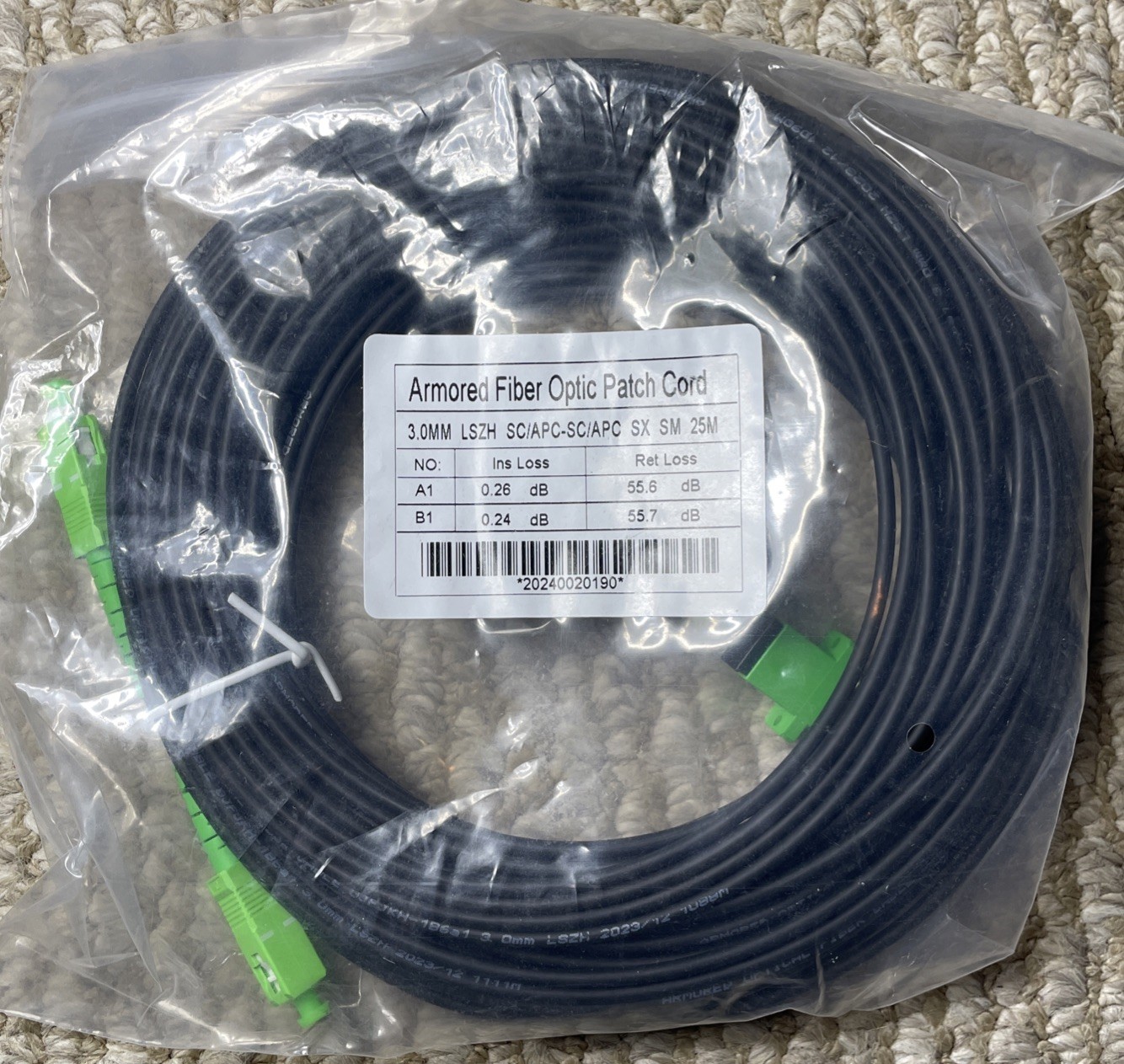 Armored Fiber Optic Patch Cord 3.0mm LSZH SC/APC-SC/APC SX SM 25M