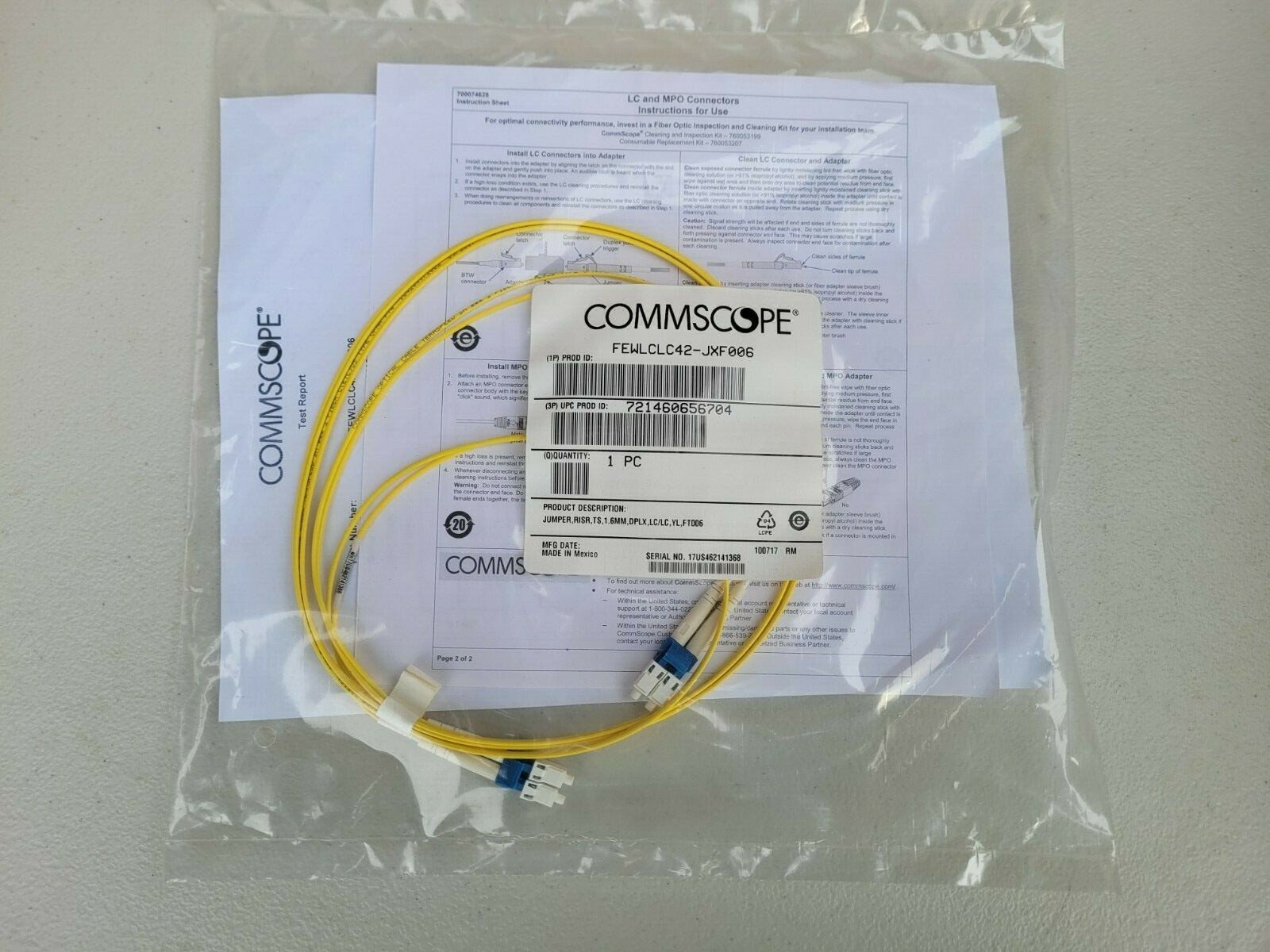 NEW Commscope FEWLCLC42-JXF006 Duplex LC to LC 6FT 1.6 Mm Fiber Patch Cable