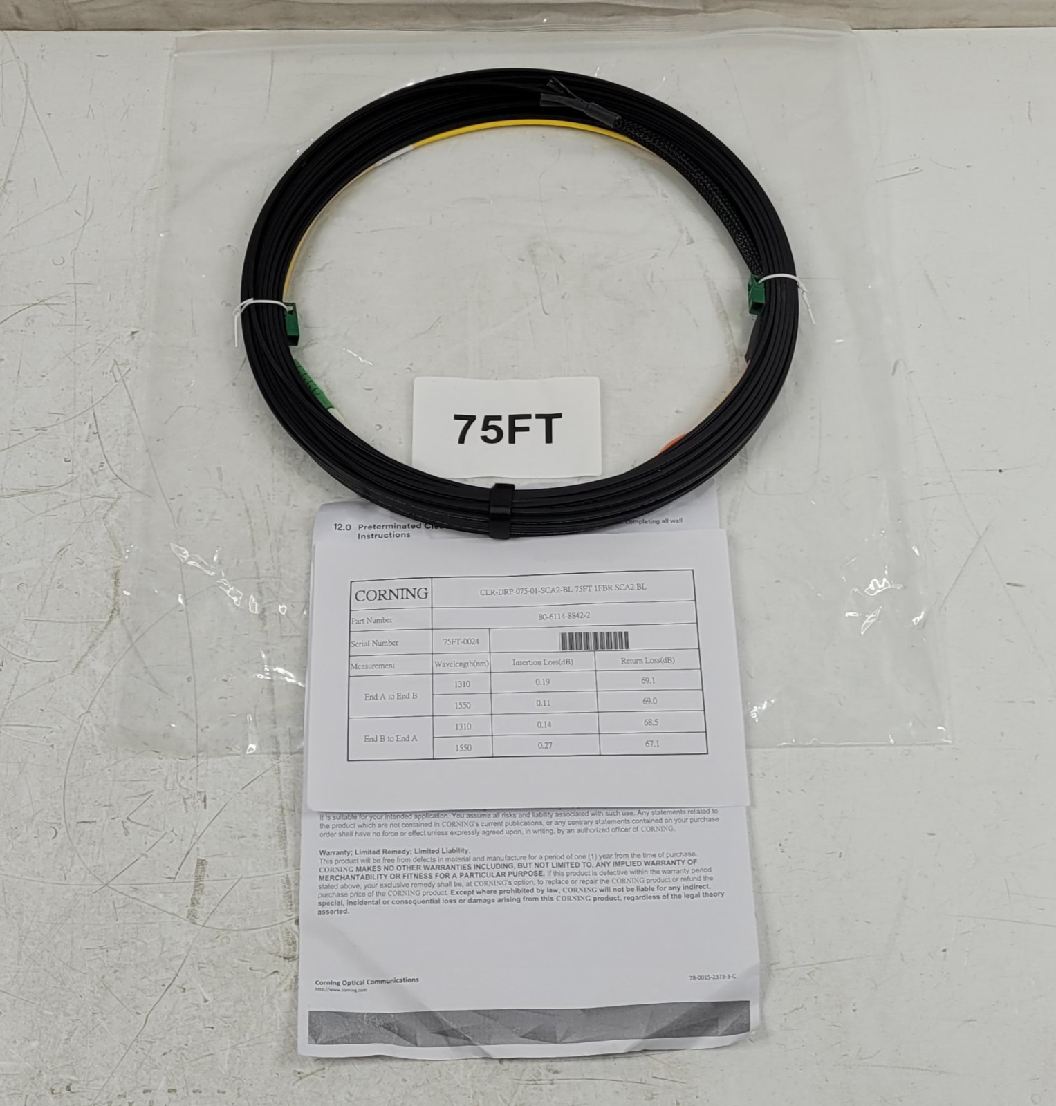 (QTY. 15) CORNING 3M Clear Fiber Drop Patch Cord SF SC/APC 75FT BLACK NEW