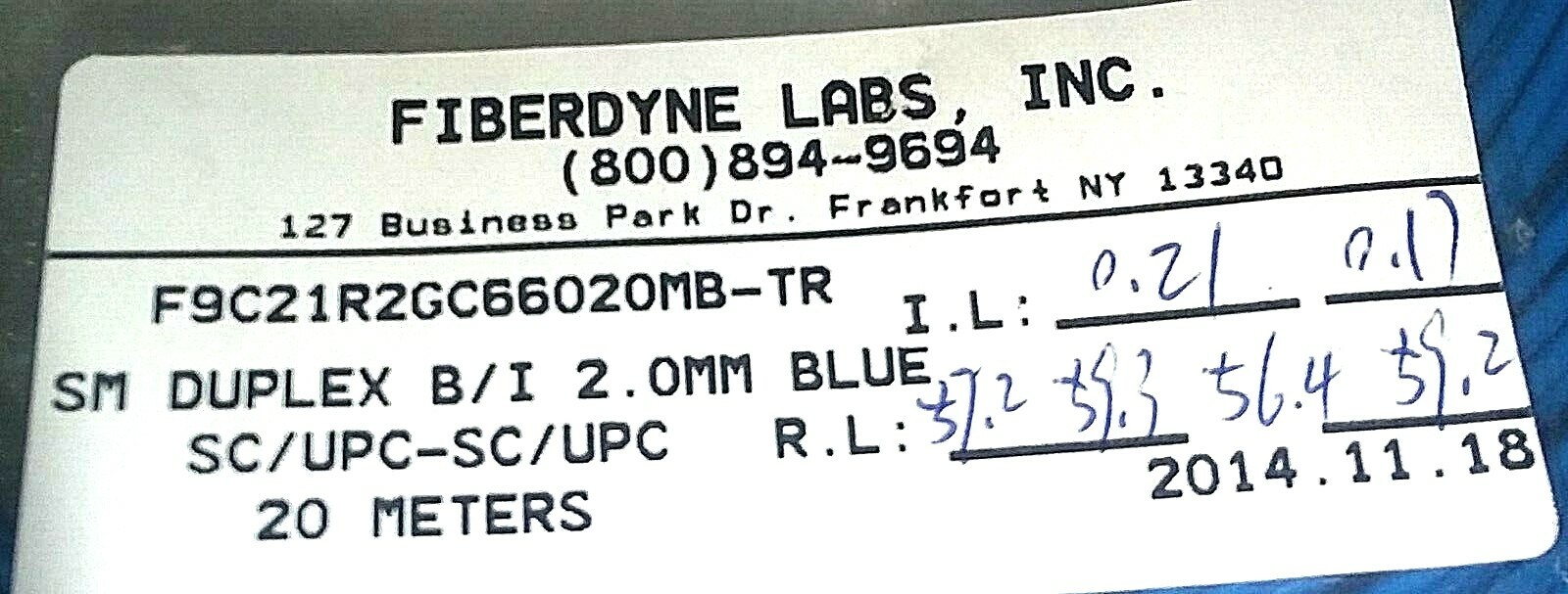 Fiberdyne Sm Dplx B/I 2.0mm Blue, SC/UPC-SC/UPC, 20m; Part #F9C21R2GC66020MB-TR