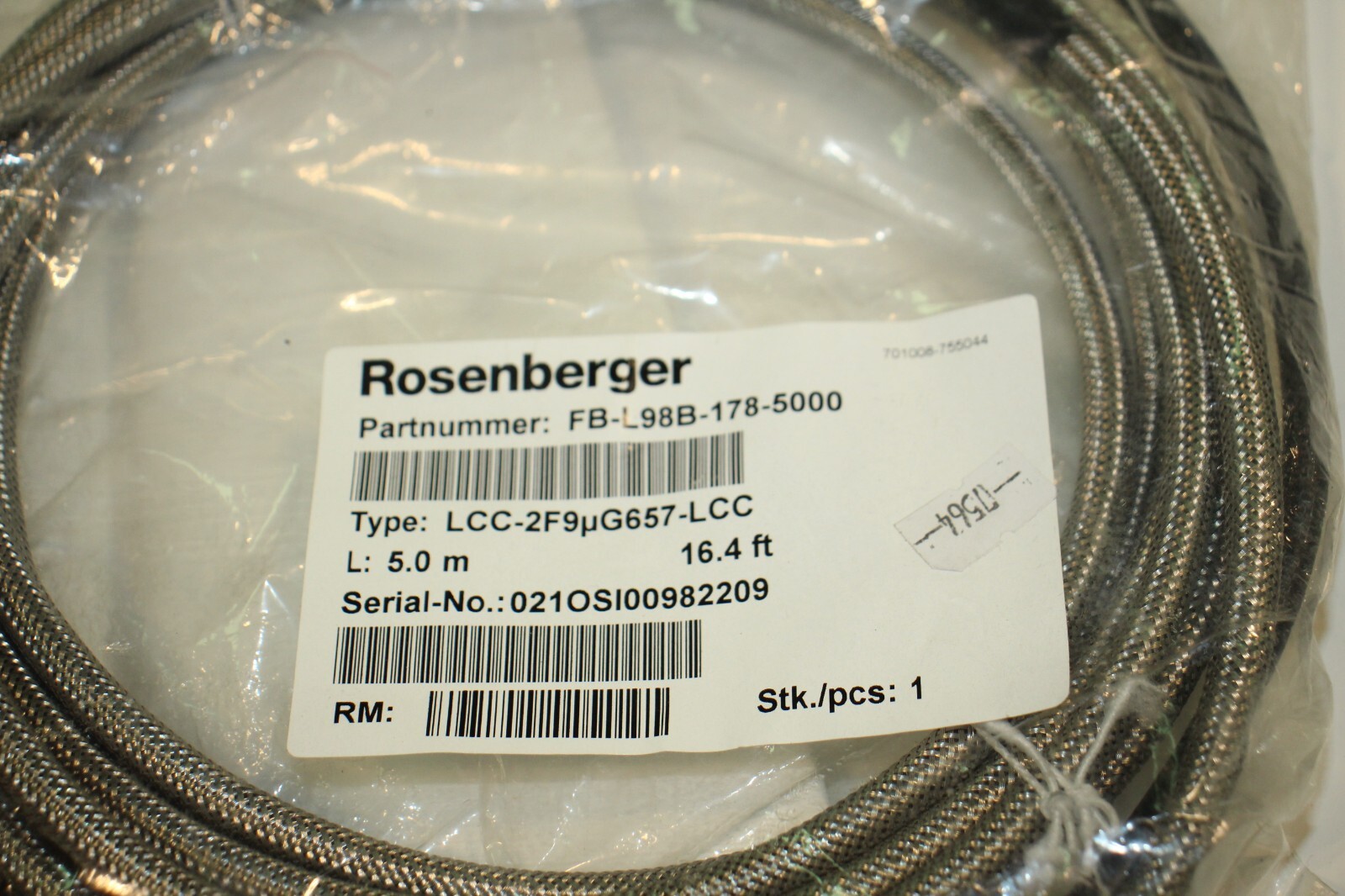 Rosenberger FB-L98B-178-5000 Fiber Cable Assy LCC-2F9UG657-LCC 5M