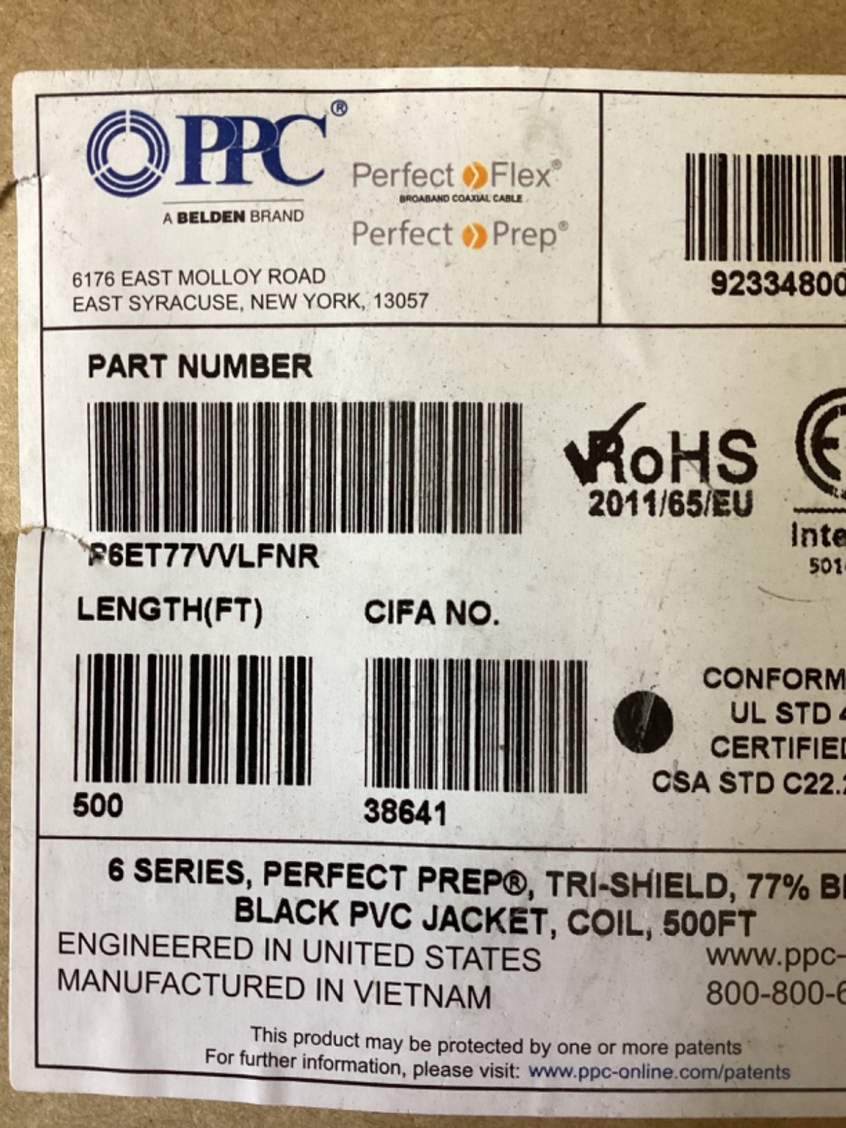 500ft Reel PPC Perfect Flex Broadband Coaxial Cable P6ET77VVLFNR Black New