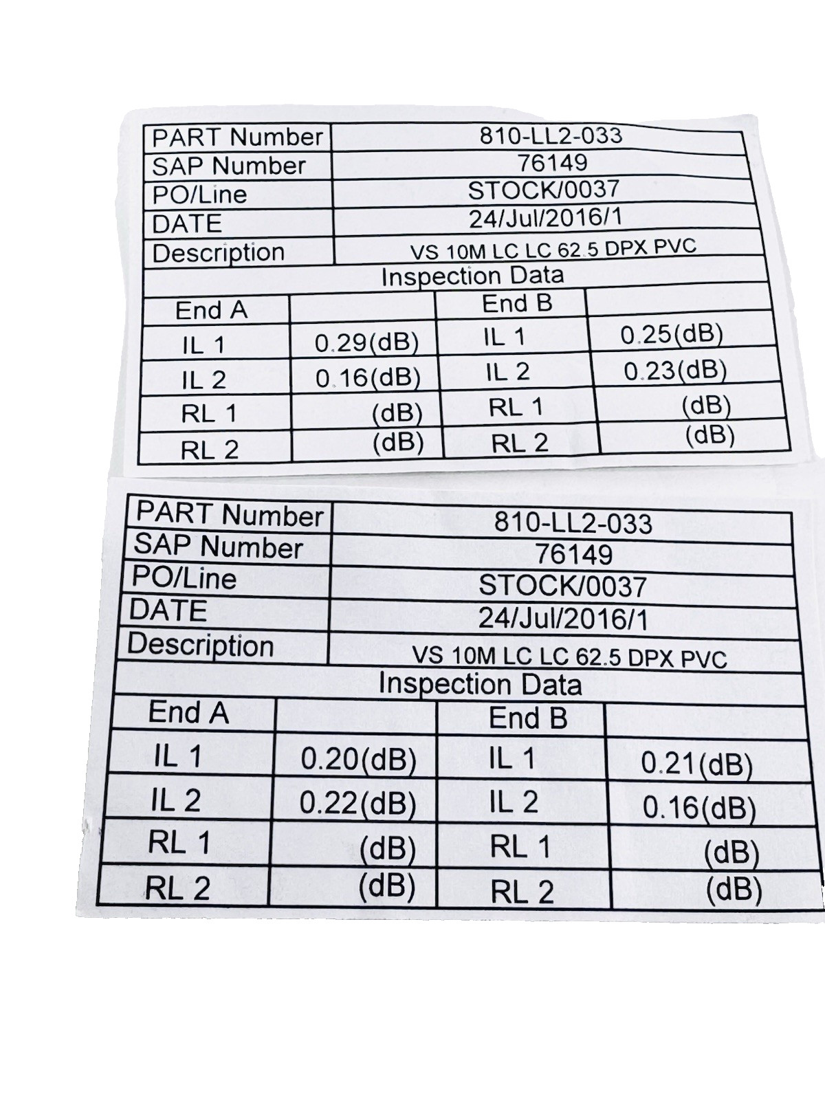 2 each Quiktron 810-LL2-033 VS 10M LC LC 62.5 DPX PVC Fiber Optic Cables