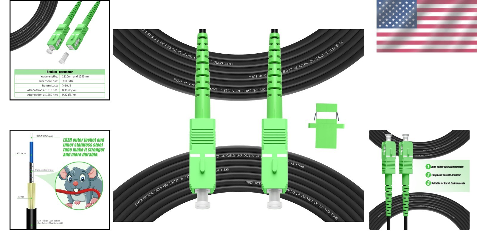 30m SCA to SCA Outdoor Fiber Optic Cable – LSZH Armored, Low Loss, Black