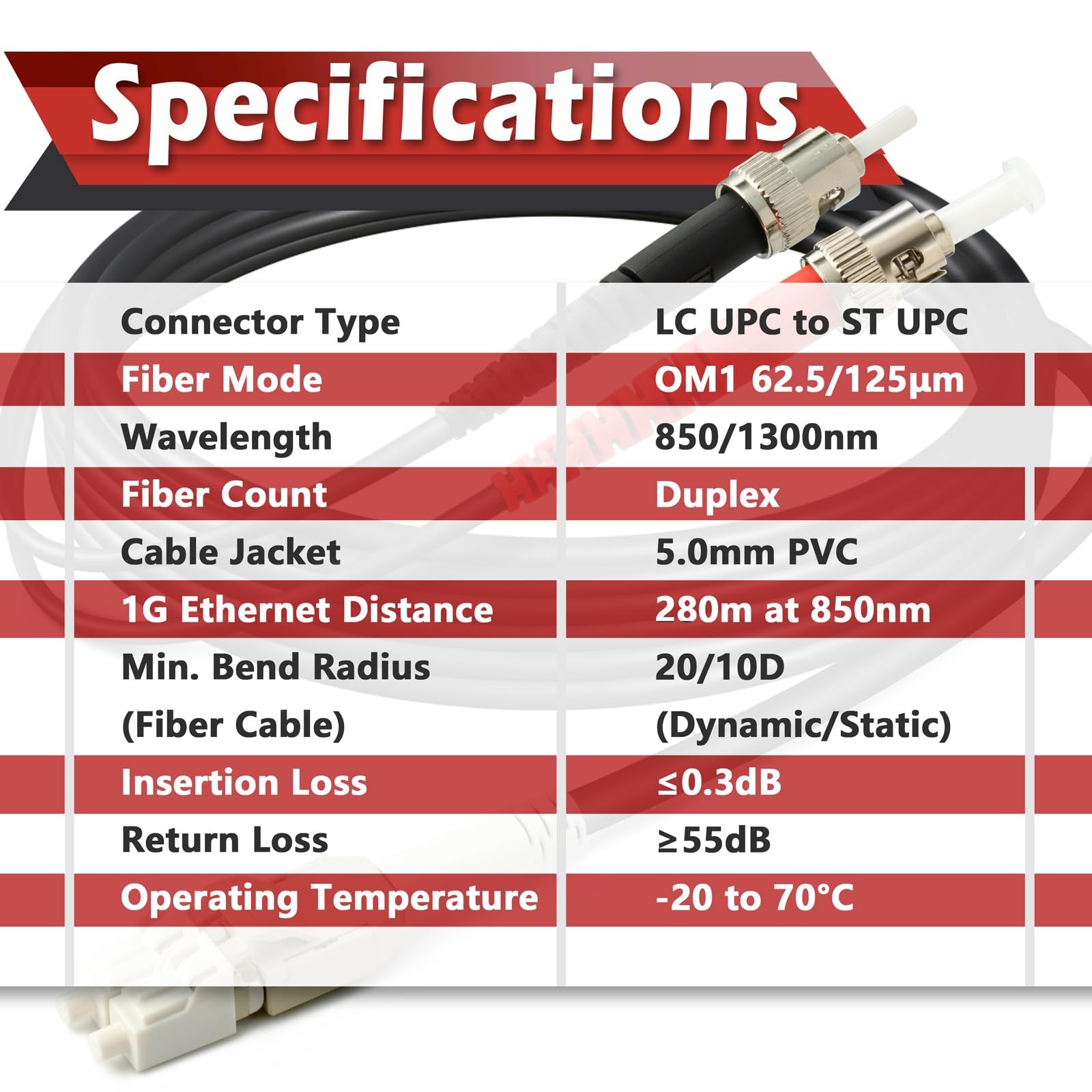 30ft / 10m Outdoor Armored OD-5mm OM1 LC to ST Fiber Cable, Multimode Duplex …