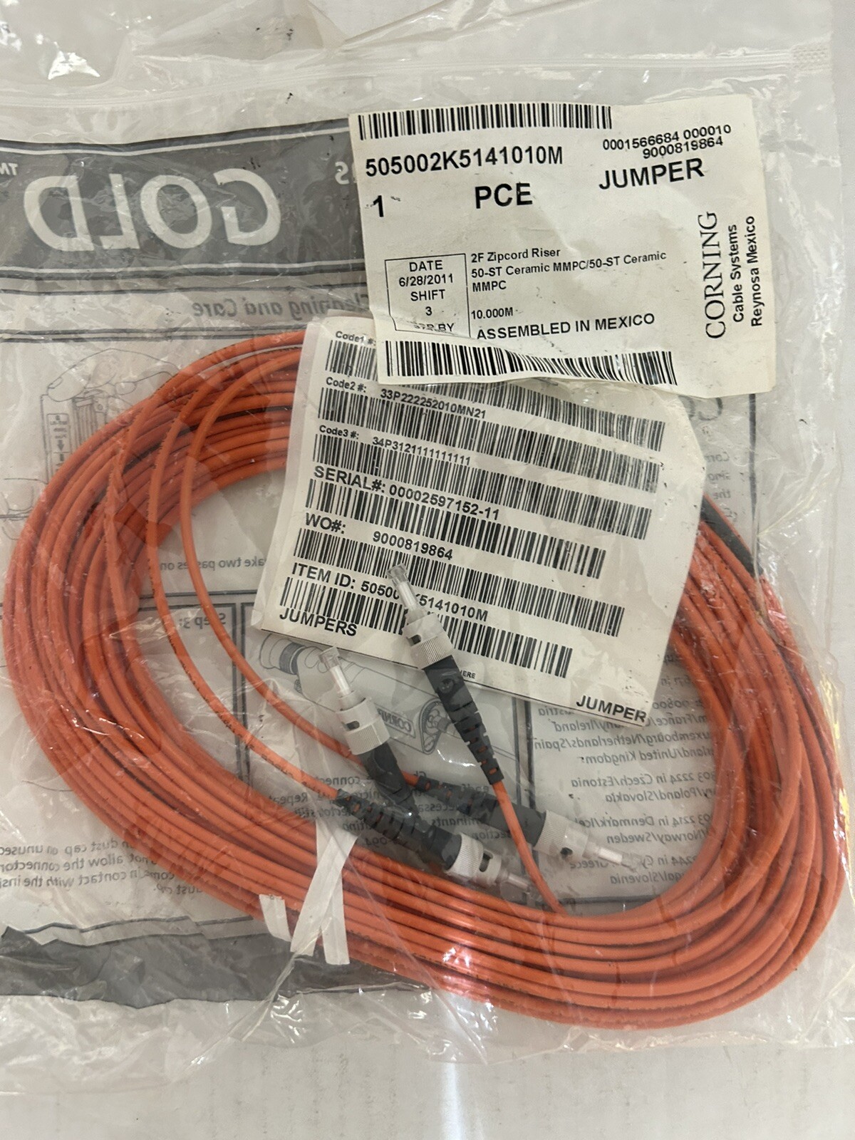 Corning Jumper 2F Zipcord Riser 50-ST Ceramic MMPC/50-ST Ceramic MMPC New Sealed