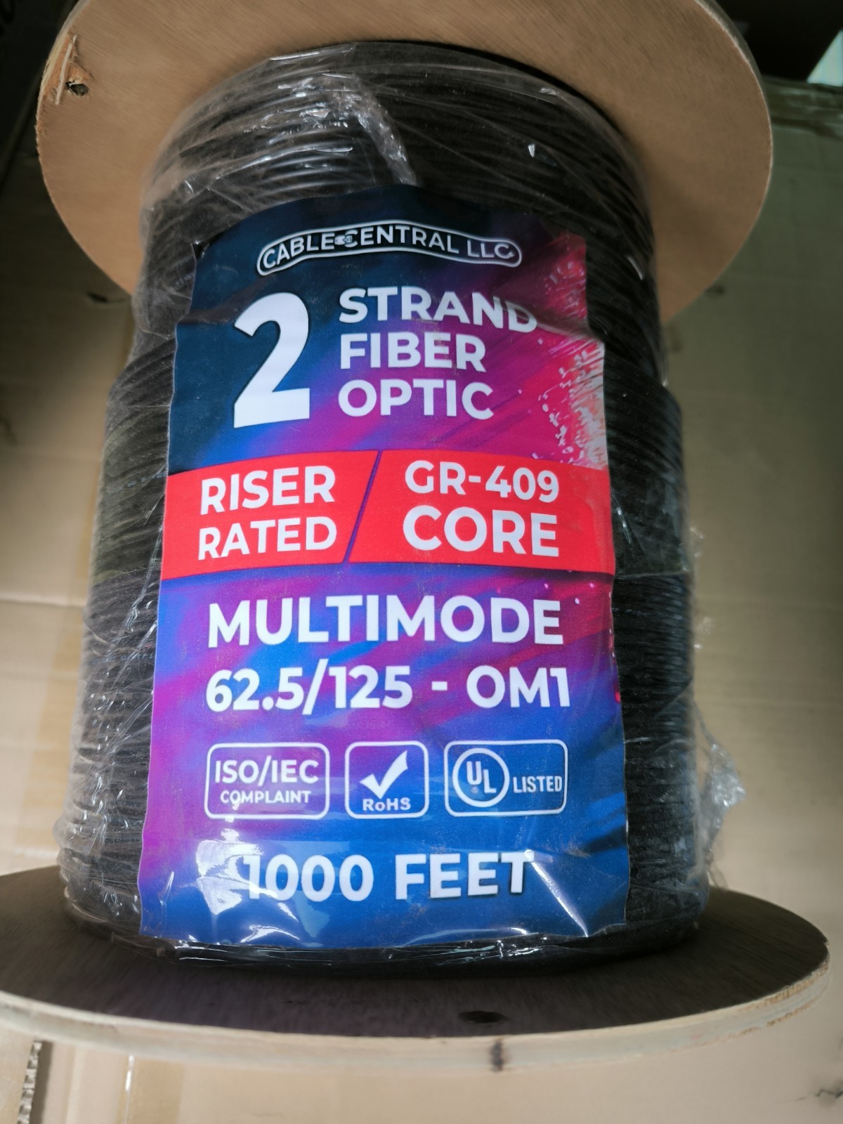 Cable Central LLC 2 Fiber Indoor 1000 feet Fiber Optic Cable, 62.5/125-OM1 Black