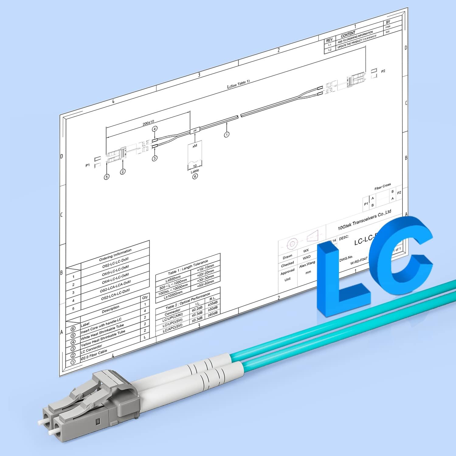 10Gtek LC to LC OM3 10Gb/Gigabit Duplex 50m Multi-Mode Fiber Patch Cable Jumper