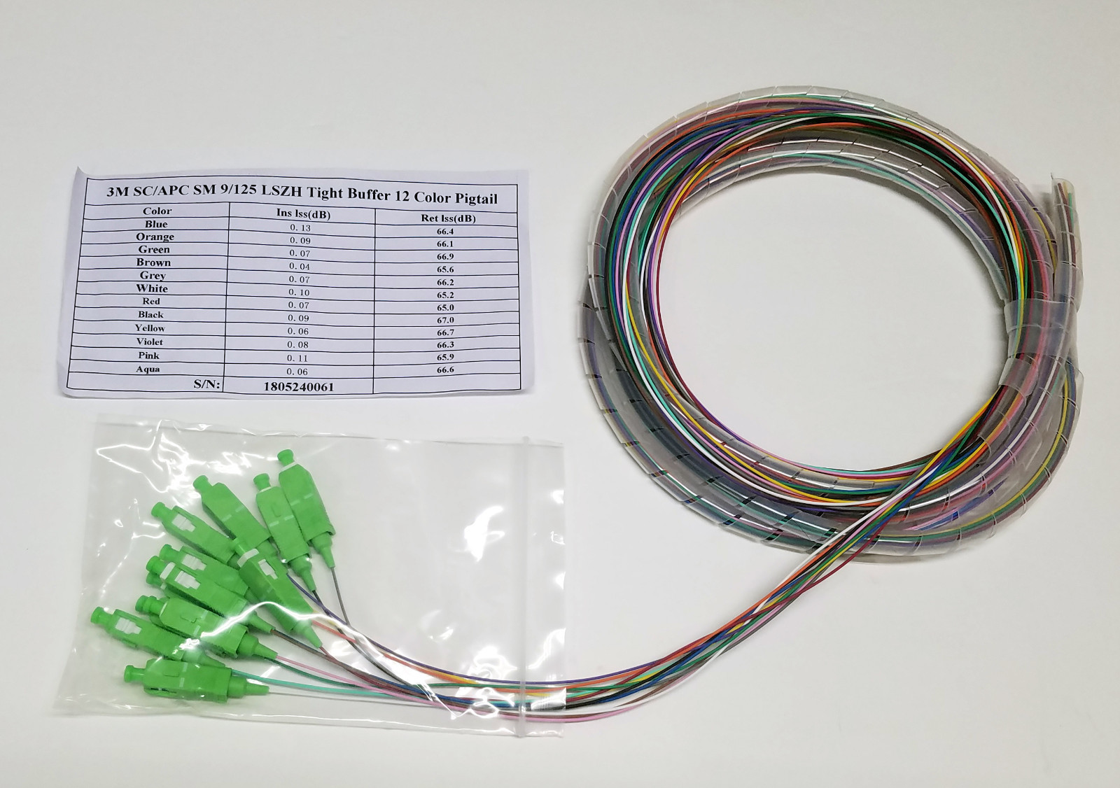 12 fiber SC/APC Singlemode 9/125 Spiral Wrapped Pigtails 3 meters