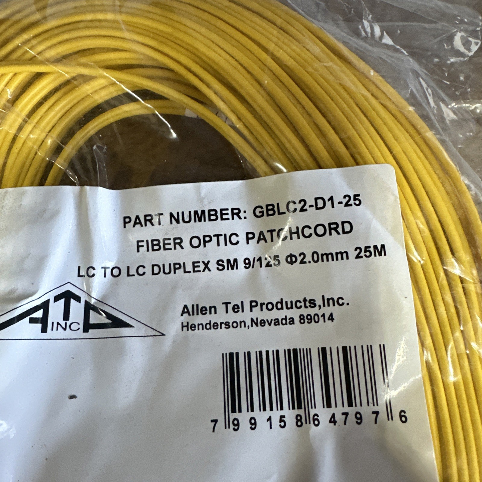 Allen Tel GBLC2-D1-25 Singlemode Duplex LC to LC Fiber Optic Patch Cord, 25 M