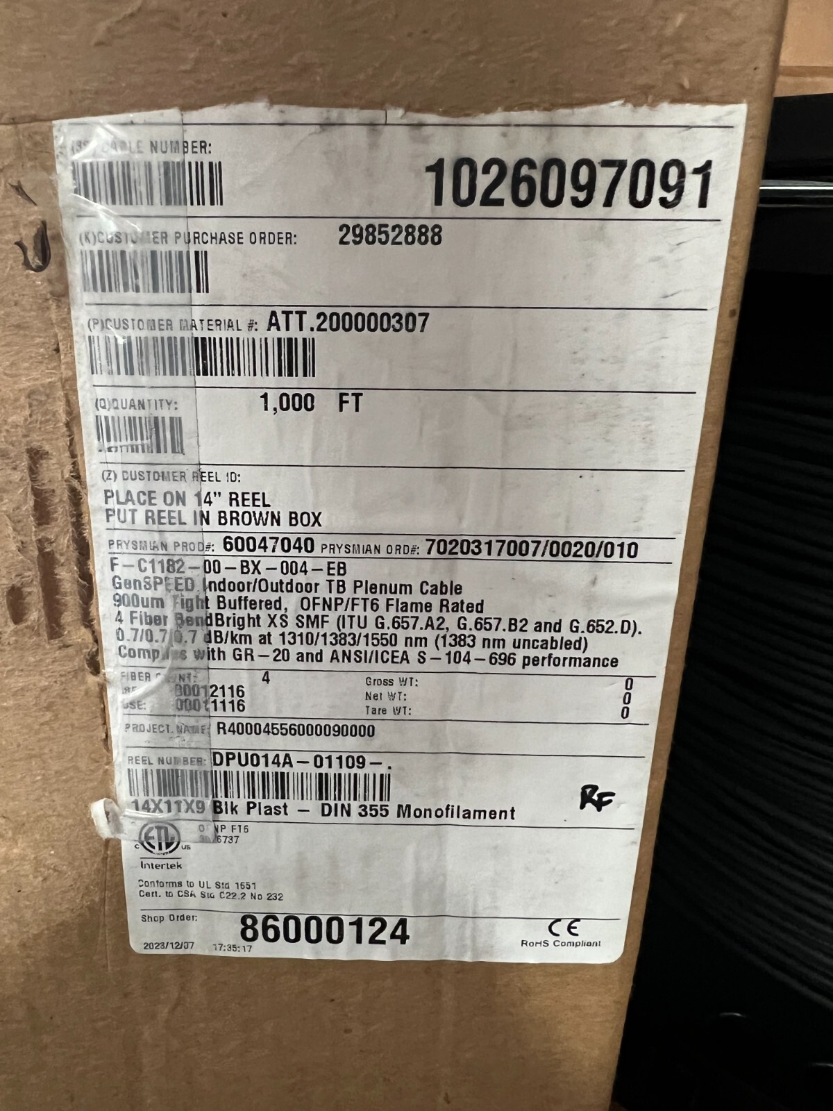 Prysmian Genspeed TB Plenum Cable 900UM 4 Fiber BendBright OFNP/FT6 1000 ft