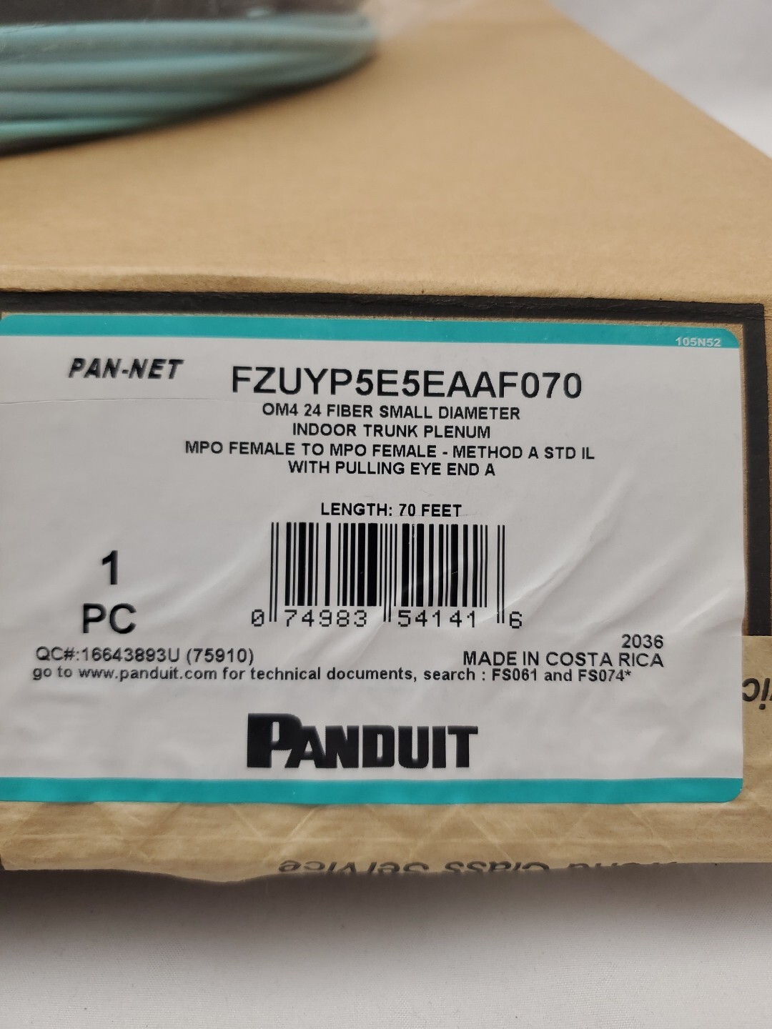 PANDUIT OM4 24 Fiber Sm Diameter Indoor Trunk MPO to MPO 70 Ft FZUYP5E5EAAF070