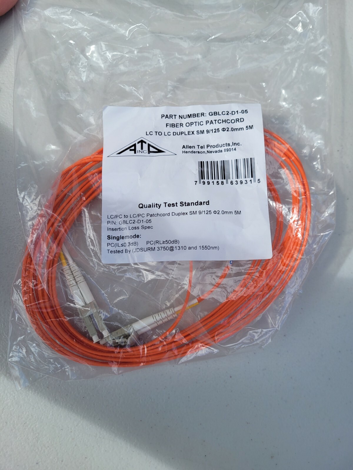 NEW ALLEN TEL GBLC2-D1-05 Singlemode Duplex LC to LC Fiber Optic Patch Cable 5 M