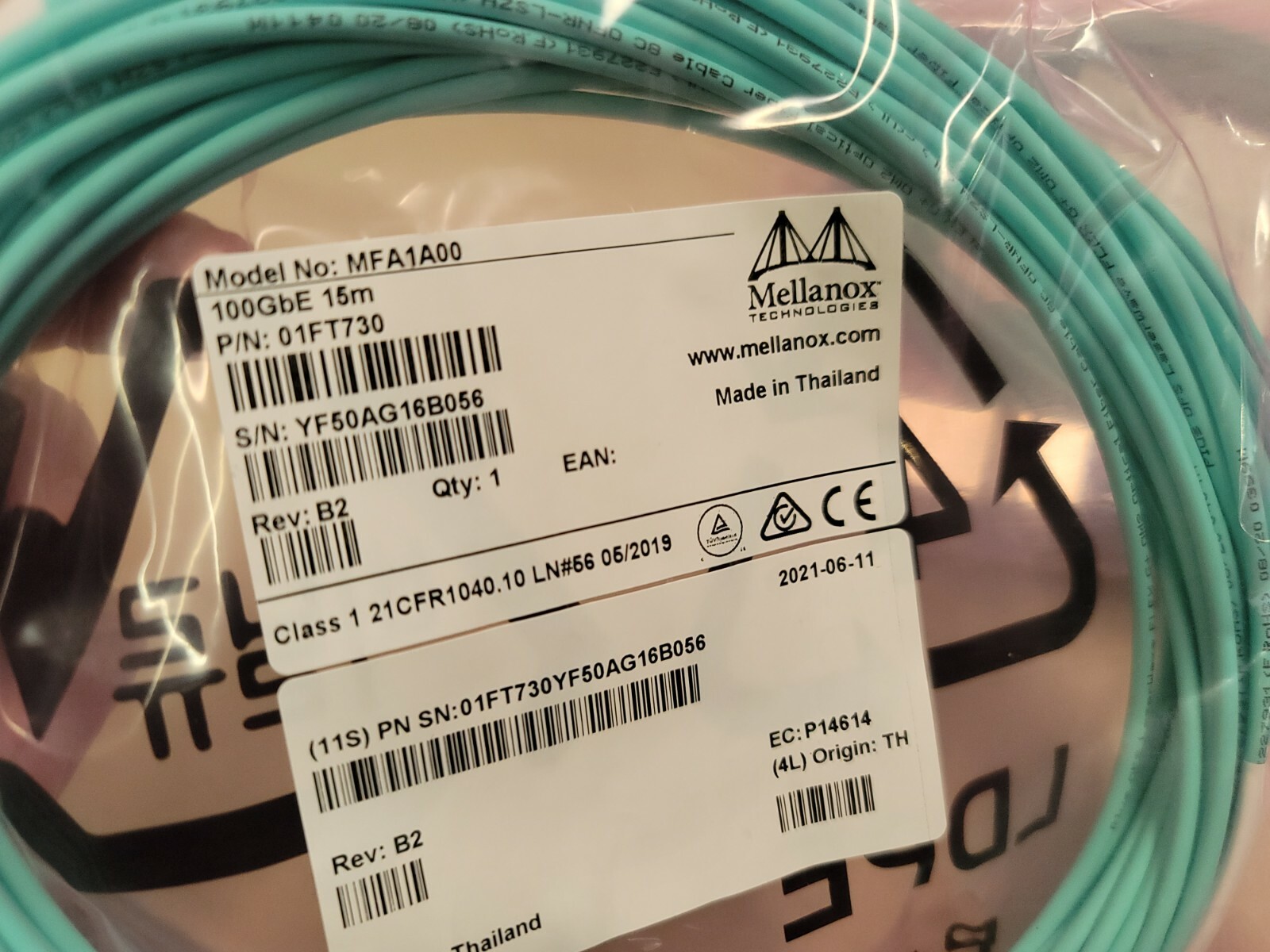 MFA1A00 01FT730 Mellanox AOC Cable IB EDR up to 100Gb/s QSFP 15M
