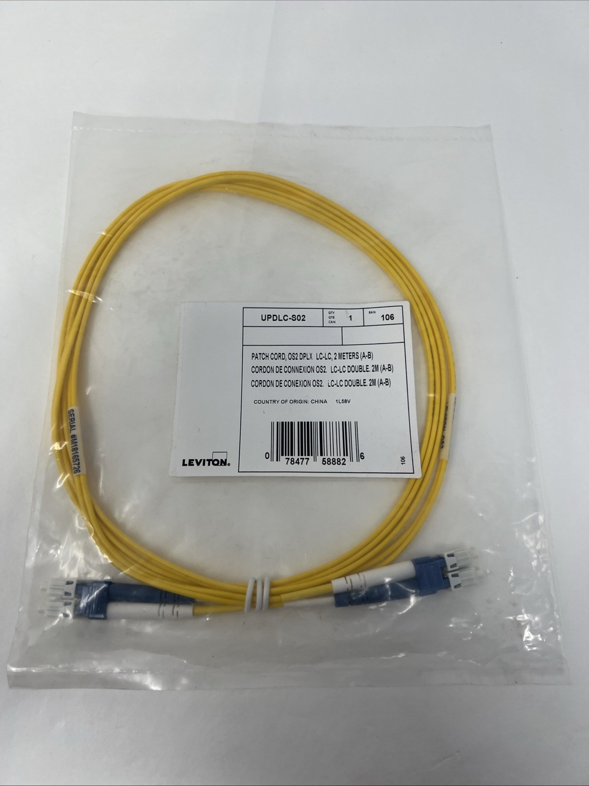 Leviton UPDLC-S02, 2 Meter, OFNR Duplex LC-LC Fiber Patch Cord Singlemode (OS2)