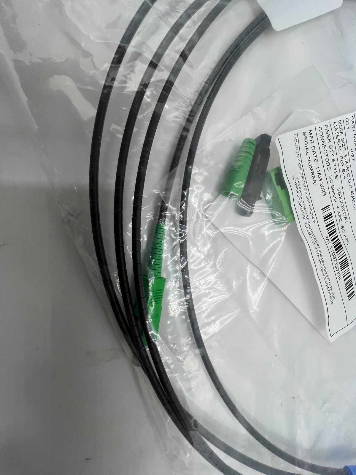 QTY 3 PPC 10FT Fiber QuikPush Cable Assembly 3mm SC APC Balistix 10-0241-10F