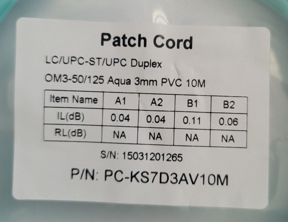 Fiber Optic Patch Cord LC/UPC-ST/UPC Duplex OM3 50/125 3mm PVC 10M PC-KS7D3AV10M