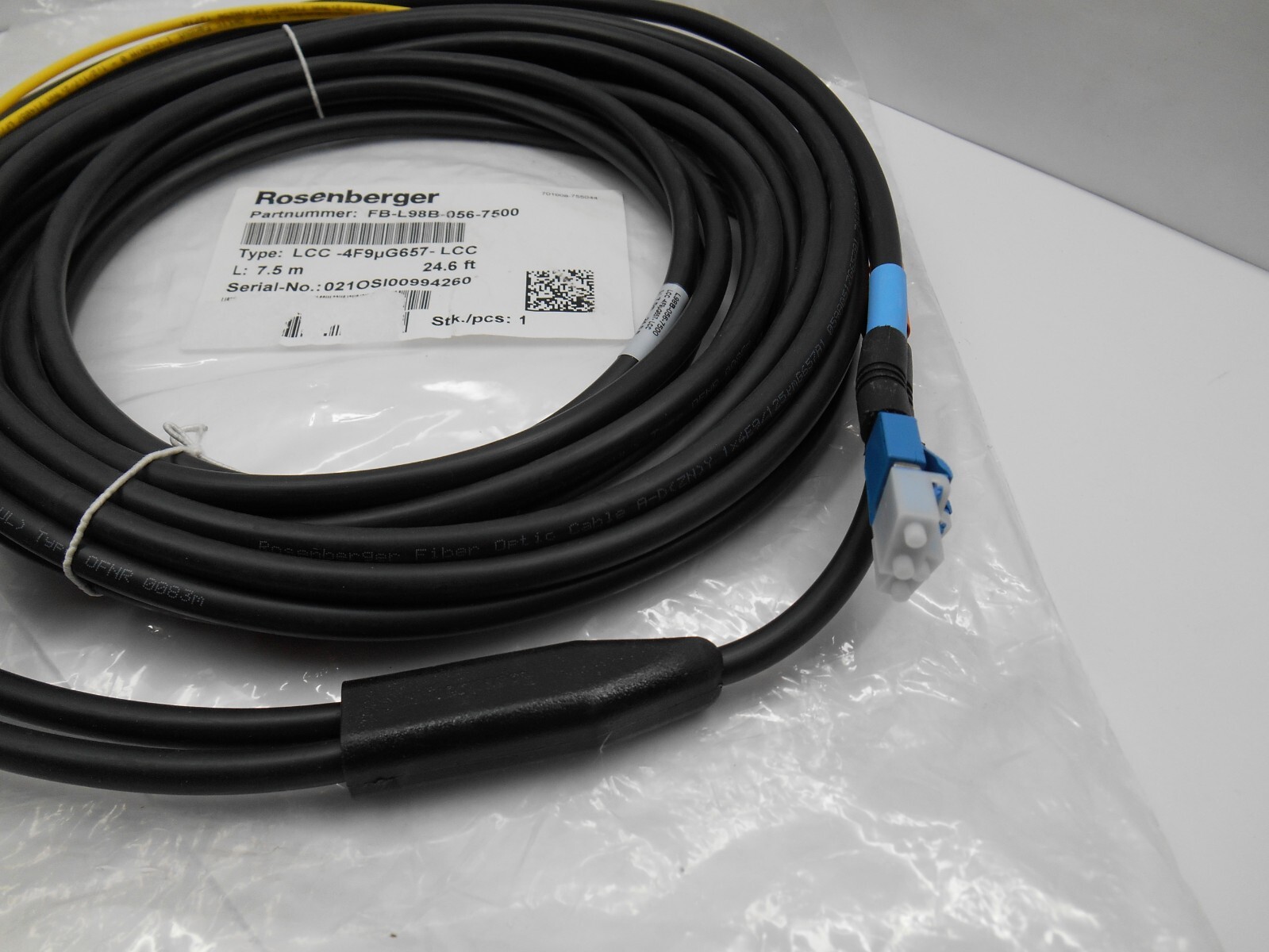 Rosenberger FB-L98B-056-7500, Fiber Jumper Cable 7.5 M 24.6′ FT LLC-2F9μG657-LCC