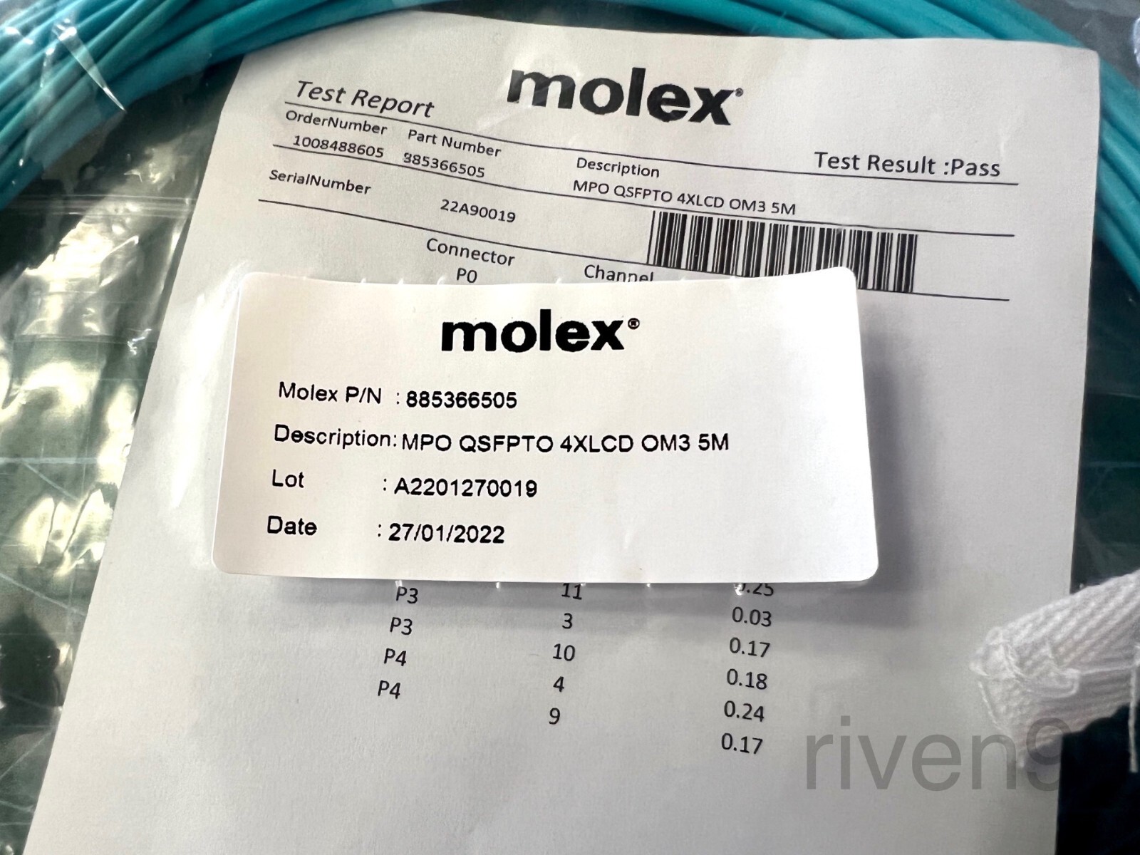 MOLEX QSFP MPO/MTP 8F to 4x LC Fiber Optic Breakout Cable, Multimode OM3 Aqua