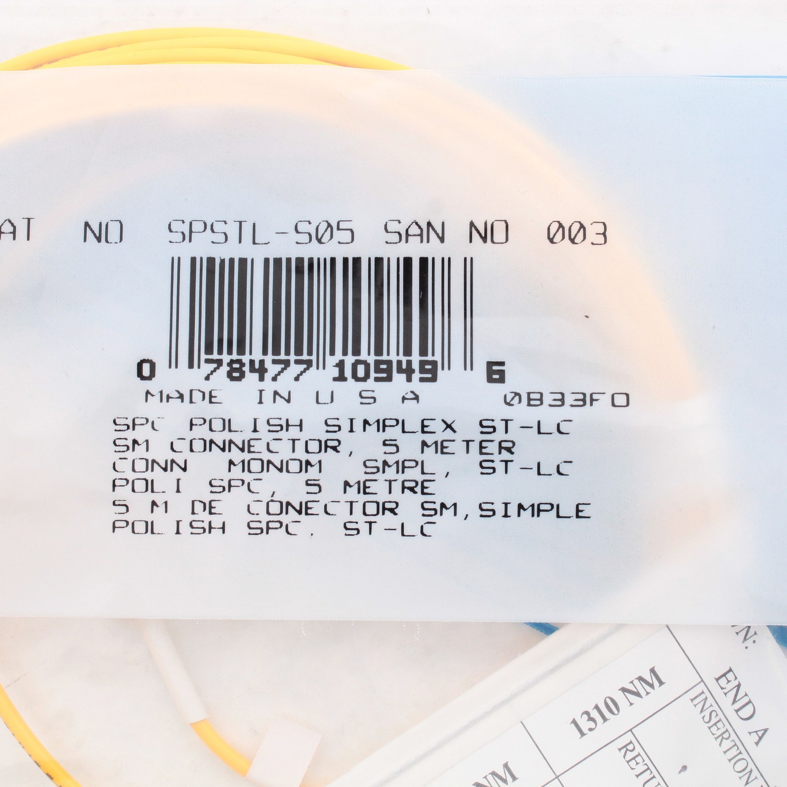 Leviton SPSTL-S05 5-Meter Yellow Fiber Optic Singlemode Simplex Patch Cord ST LC