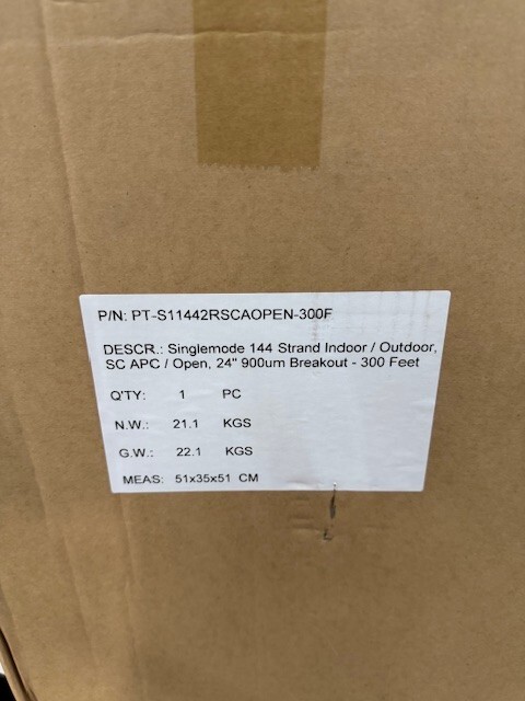 Singlemode 144 Strand Indoor/Outdoor, SCAPC/Open, 24″ 900um Breakout – 300ft