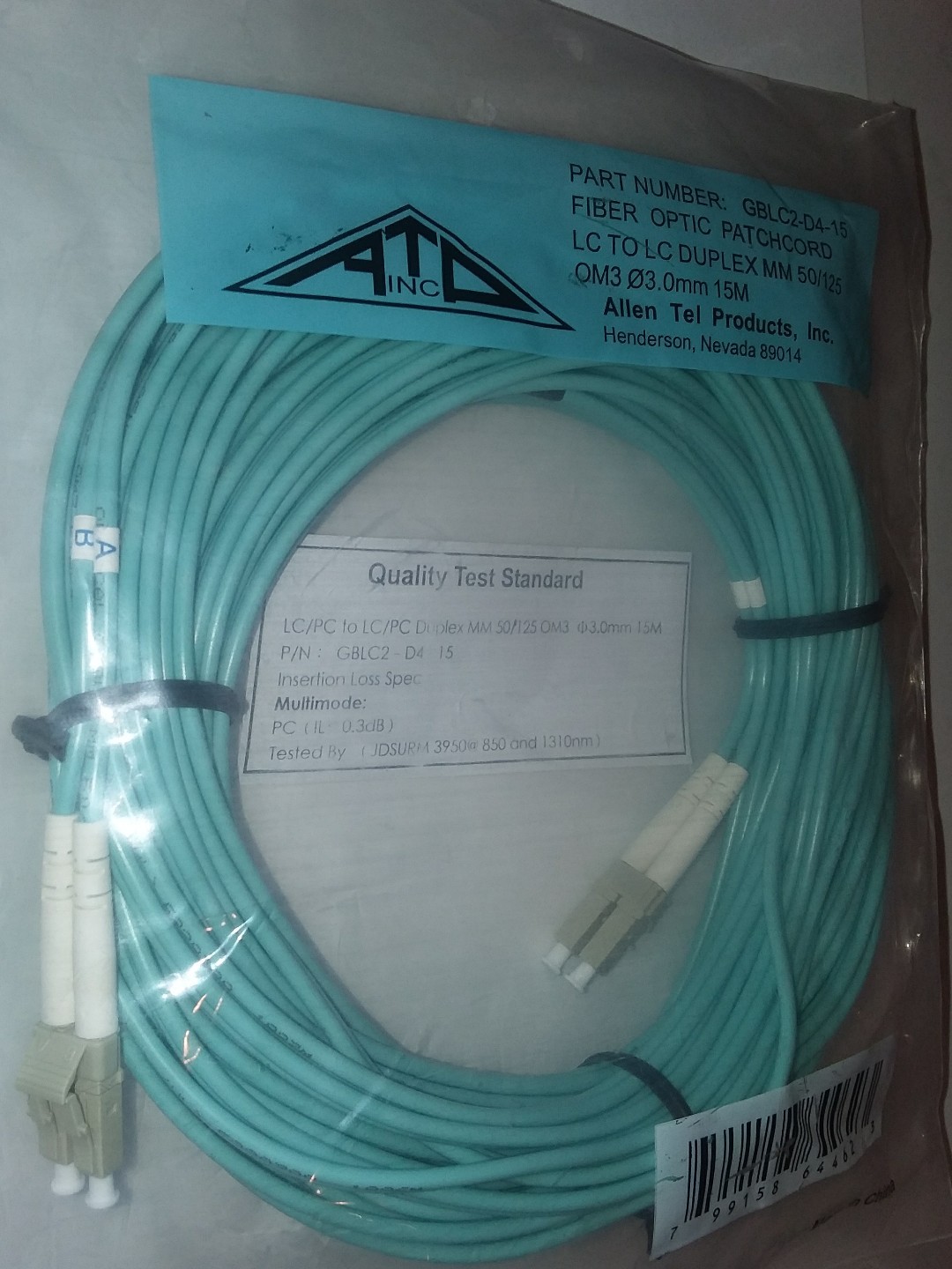 Fiber Optic Patch Cord 49 Ft.LC-LC Duplex Multi Mode 15 Meter 50/125 0M3 3.0mm