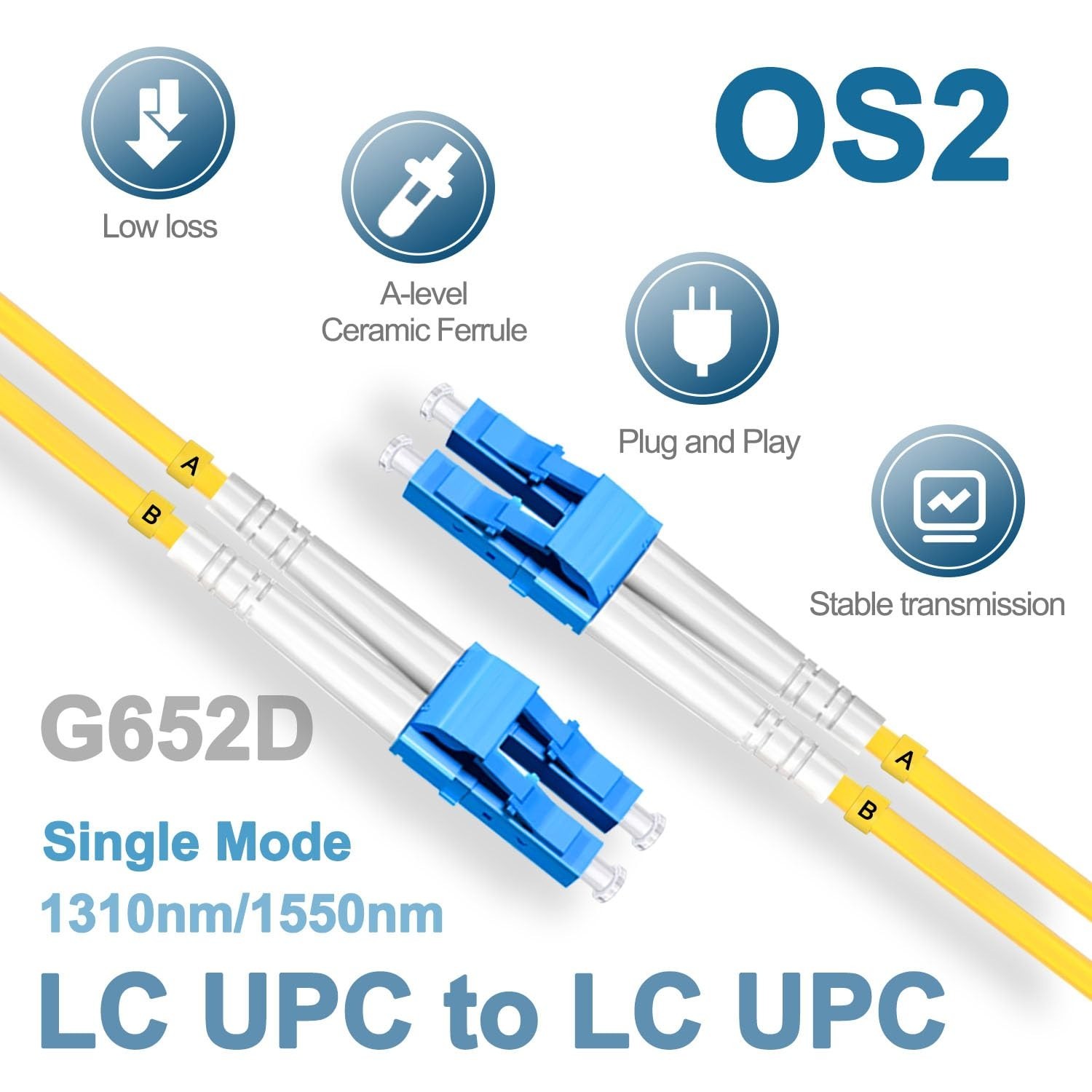 5Pcs 0.3m Duplex Single Mode Fiber Optic Patch Cord LC UPC 9/125μm 1310nm/1550nm