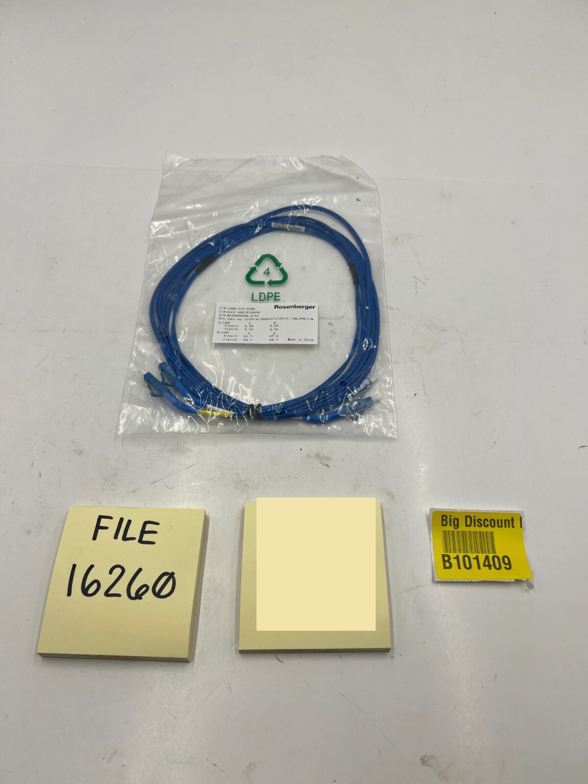 QTY 2 Rosenberger OEM Cable Assembly 1.6mm OFNR 3.5mm L98B-714-3500 Blue