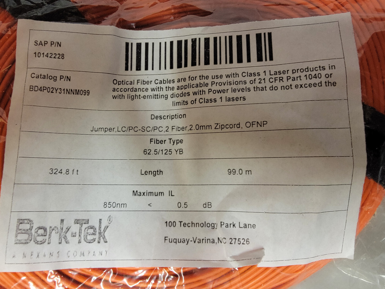 99m/324.8ft 62.5/125 LC-PC/SC-PC 2.0mm OFNP Multimode duplex fiber optic jumper