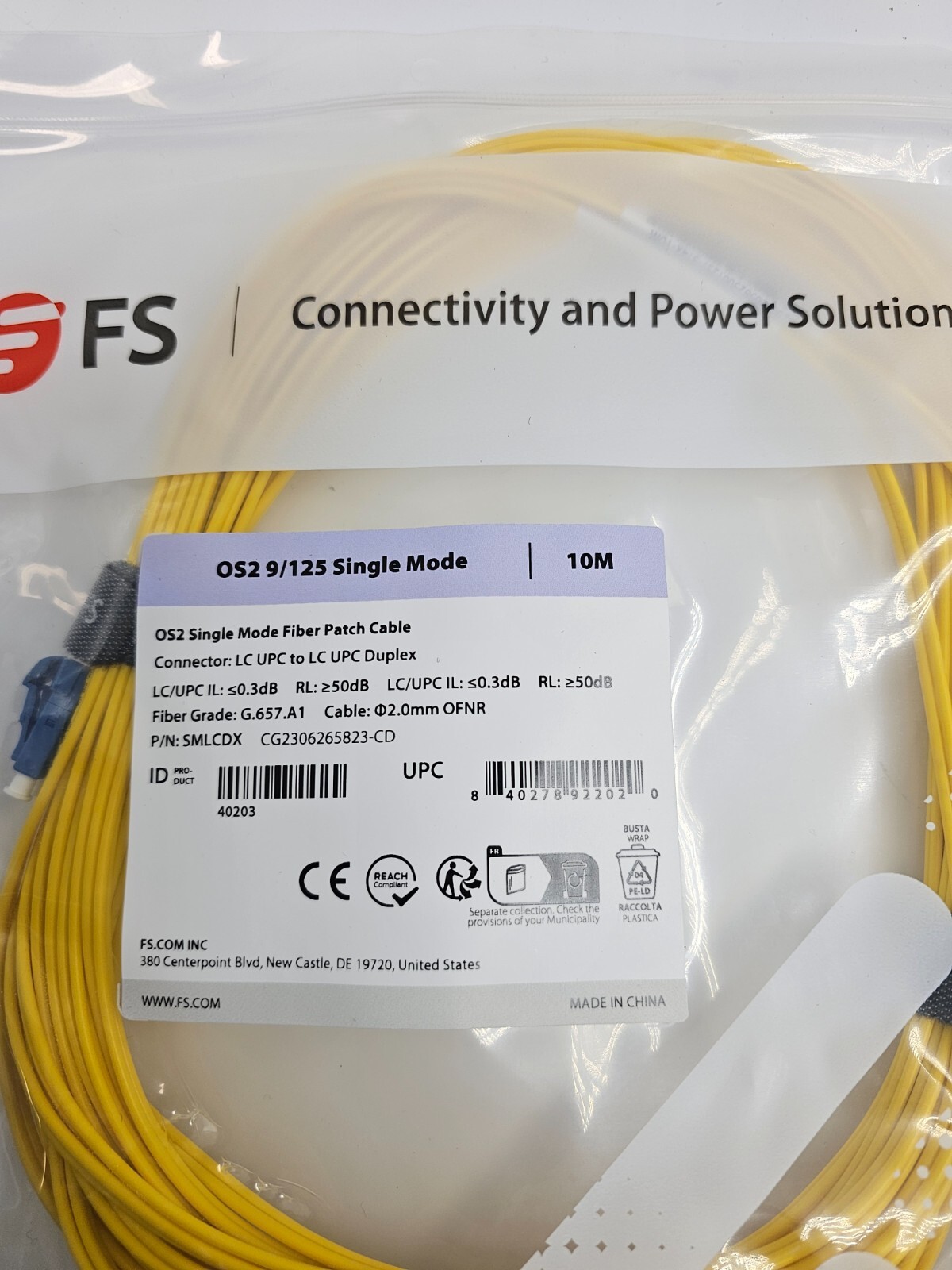 (QTY 2) FS Single SMLCDX Mode Fiber Patch Cable 10M OS 9/125 Single Mode LC-LC