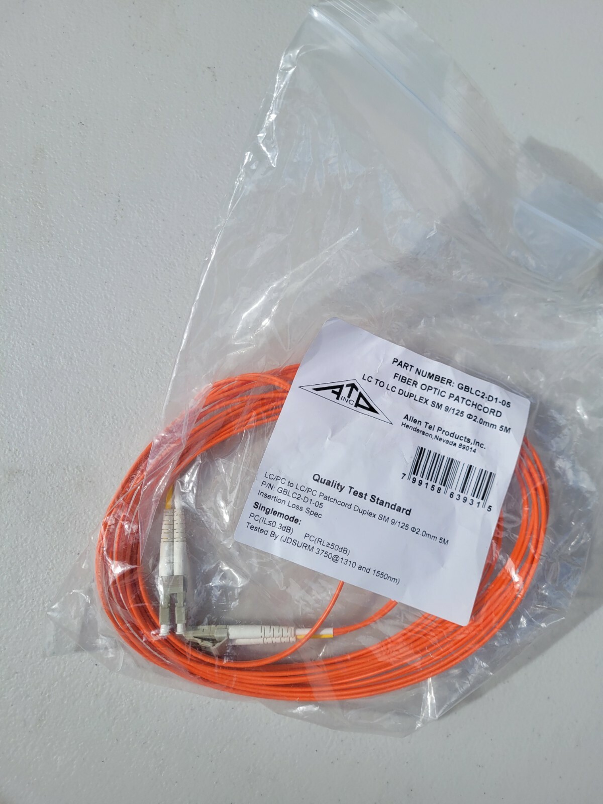NEW ALLEN TEL GBLC2-D1-05 Singlemode Duplex LC to LC Fiber Optic Patch Cable 5 M