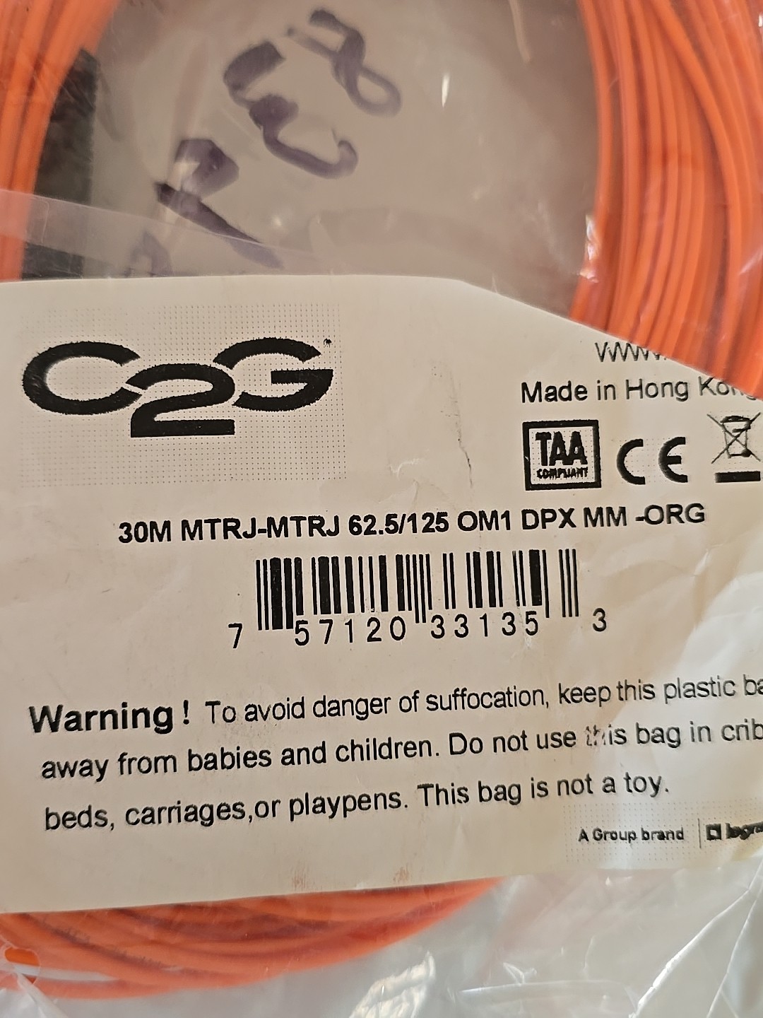 30m MTRJ-MTRJ Duplex 62.5/125 OM1 Multimode Fiber Patch Cable Orange Optic 100FT