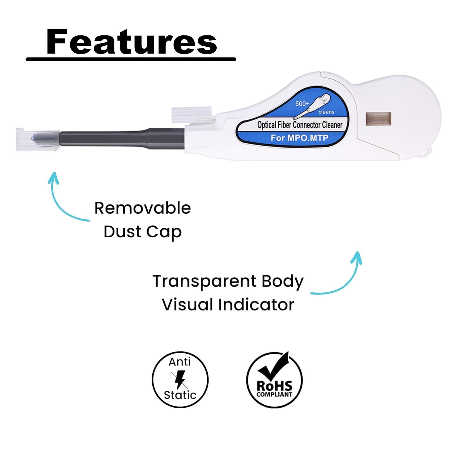 White MPO/MTP Fiber Optic Cleaner Over 500 Cleans Endface Connector Tool