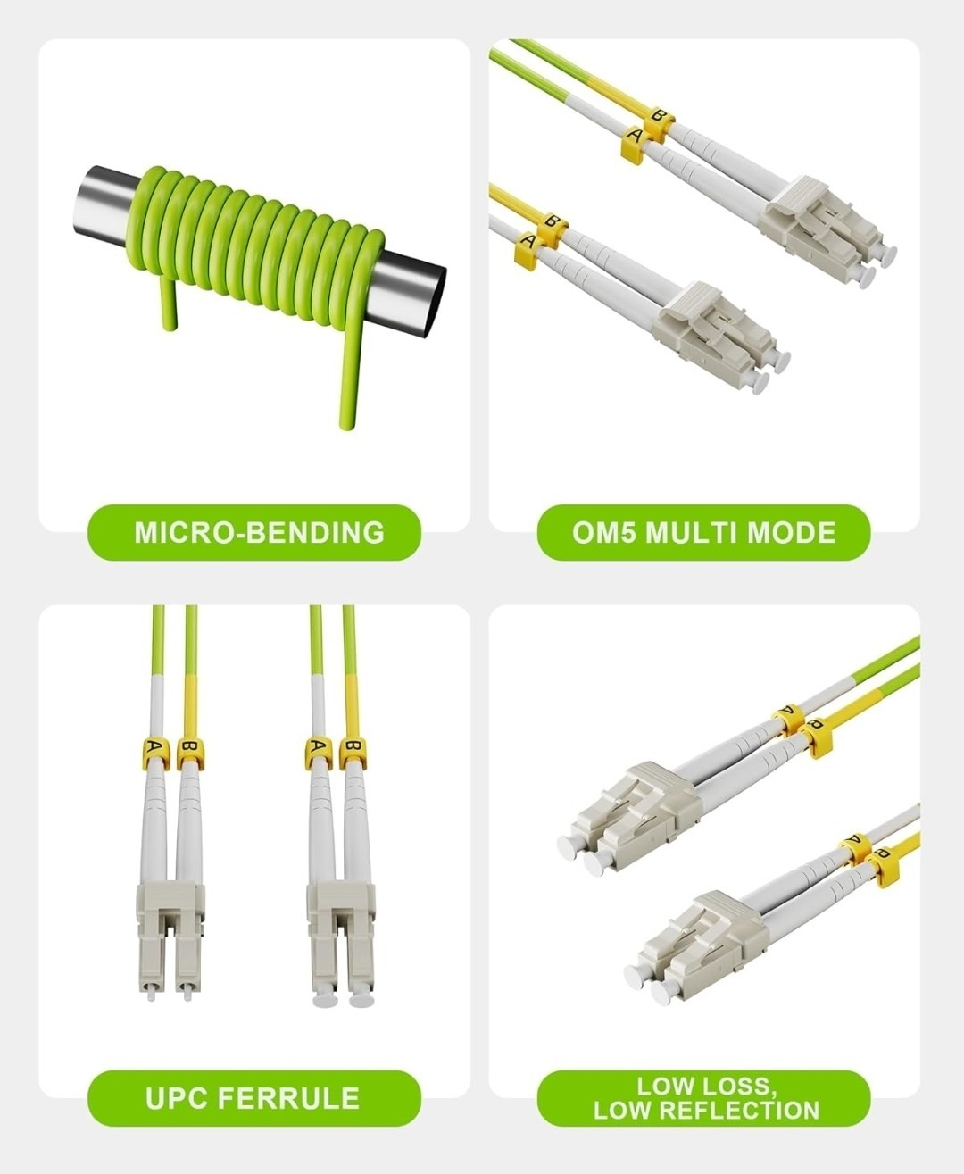 5 Pack Multimode Fiber Cable Duplex, OM5 1/10/40/100Gbs SC-LC Fiber Patch 16ft
