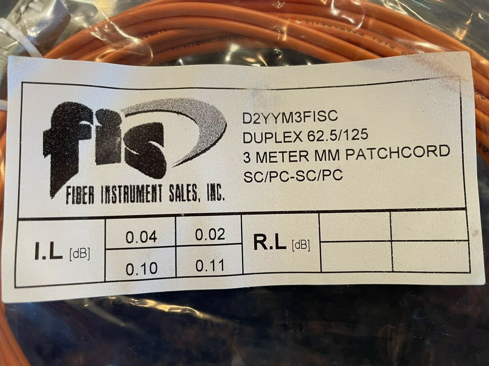 Patch Cord SC/PC to SC/PC MM Duplex 62.5/125 3 Meters 3M, FIS, NEW, Qty Discount
