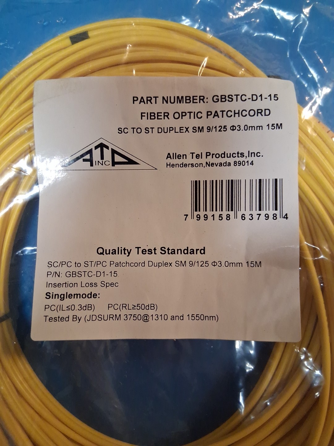Allen Tel Products SC-ST Duplex SM 9/125 3.0 15M Fiber Optic Patch Cable