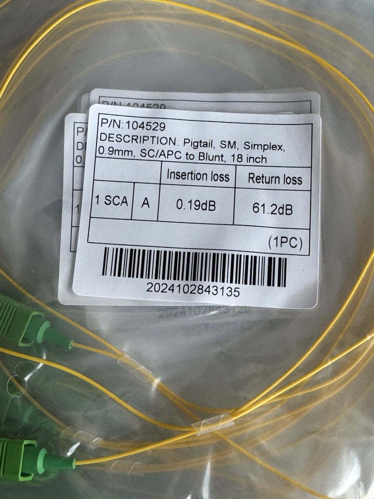Pigtail SM Simplex, 0.9mm, SC/APC to Blunt, 18 inch Fiber Optic Cable LOT OF 30