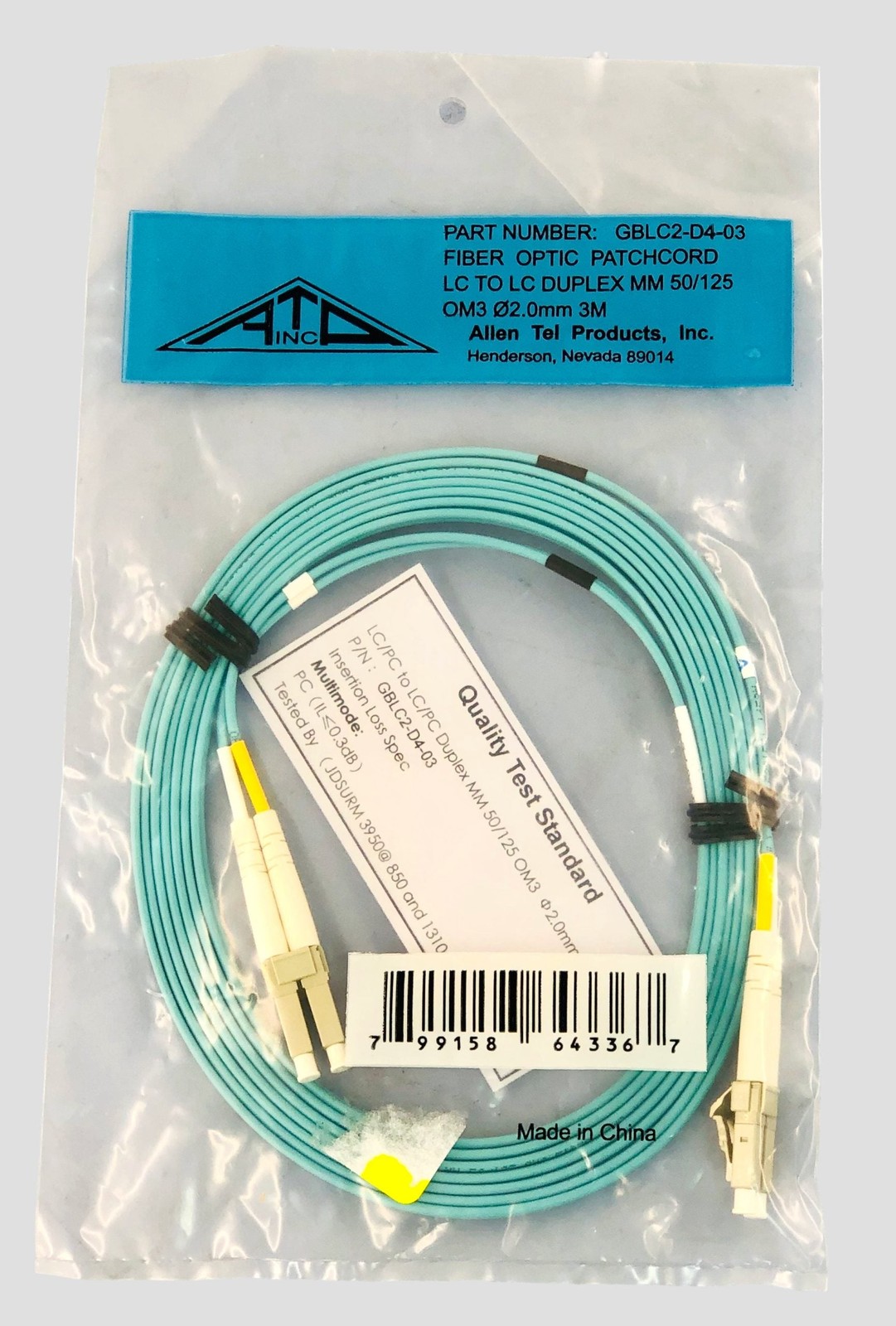NEW Allen Tel GBLC2-D4-03 Fiber Optic Cable Assembly Patch Cord, LC To LC