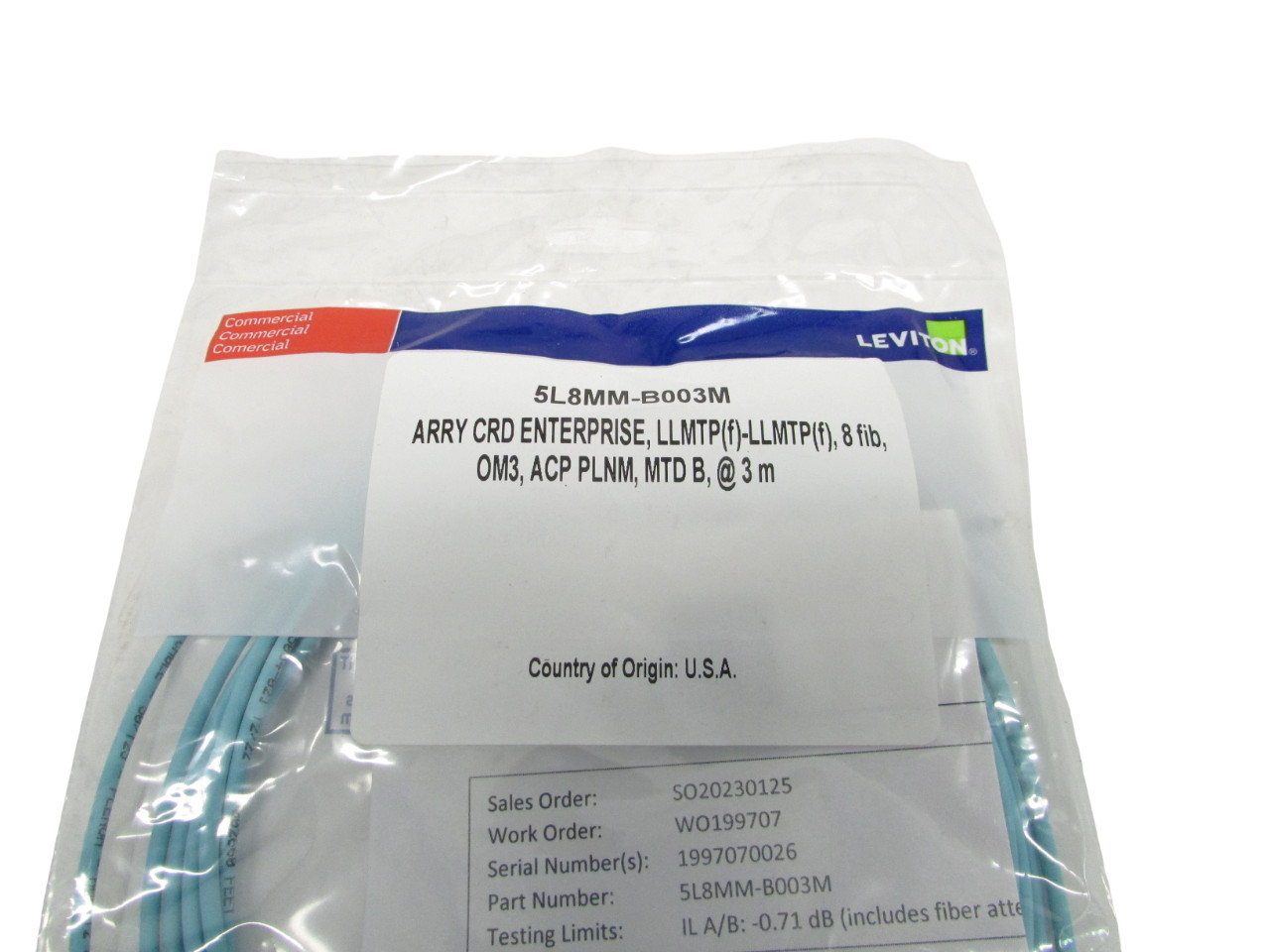 New Leviton 5L8MM-B003M LLMTP Female to LLMTP Female OM3 3M Arrav Cord