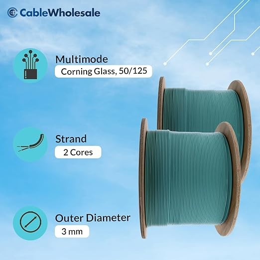 CableWholesale 3.0mm Duplex OM3 50/125 Aqua Riser Fiber Optic Cable 1000ft