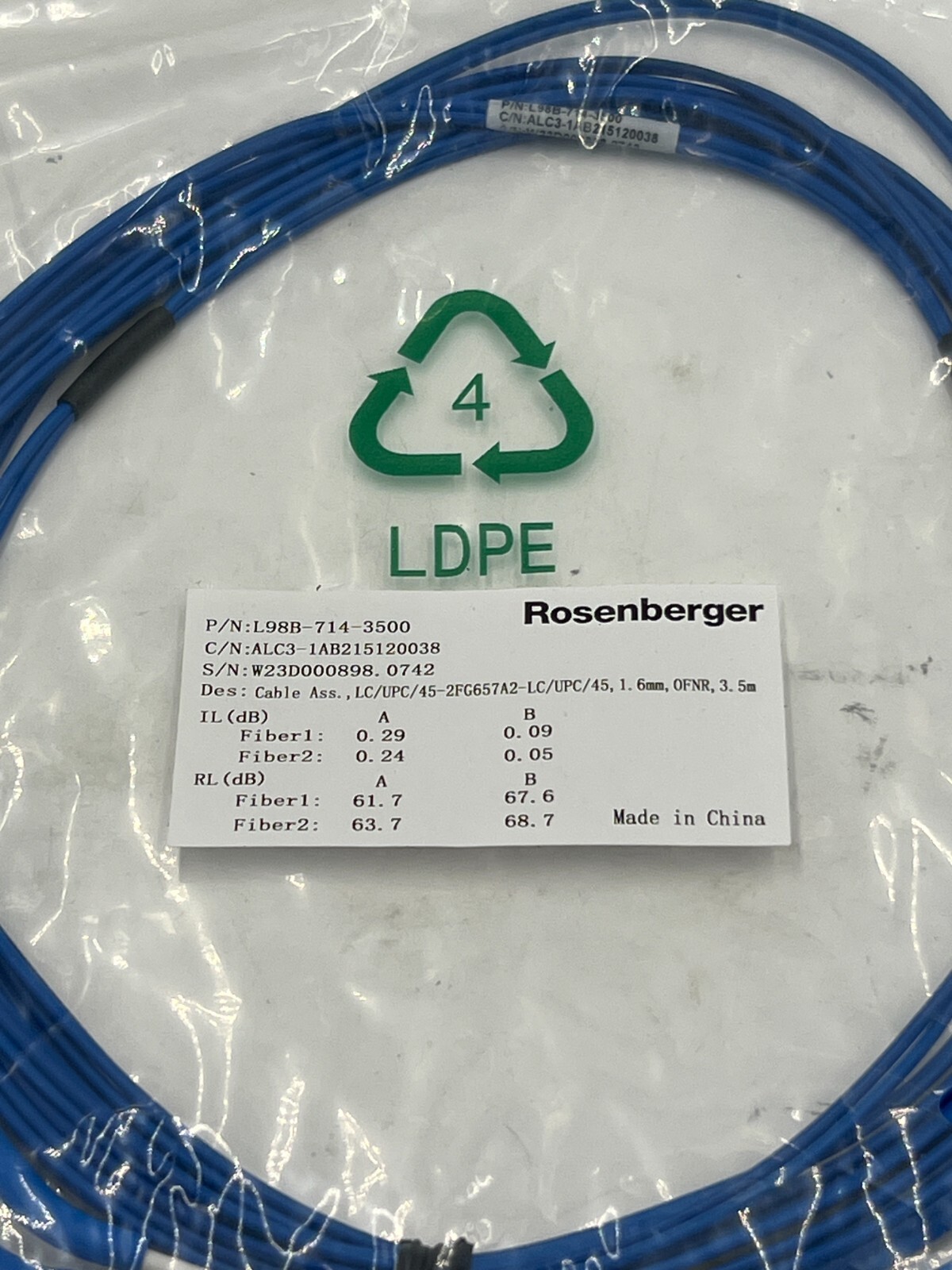 QTY 2 Rosenberger OEM Cable Assembly 1.6mm OFNR 3.5mm L98B-714-3500 Blue
