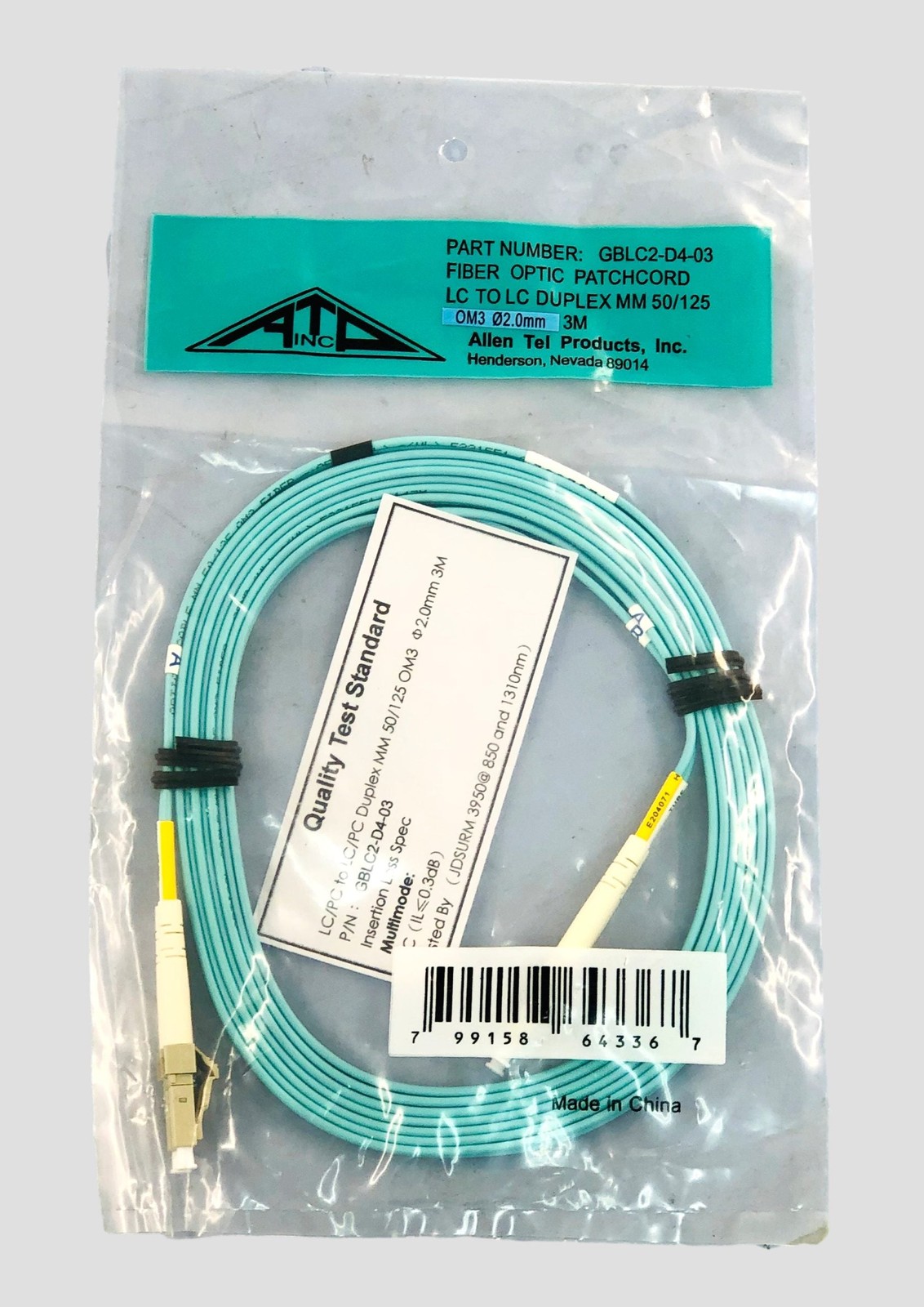 NEW Allen Tel GBLC2-D4-03 Fiber Optic Cable Assembly Patch Cord, LC To LC